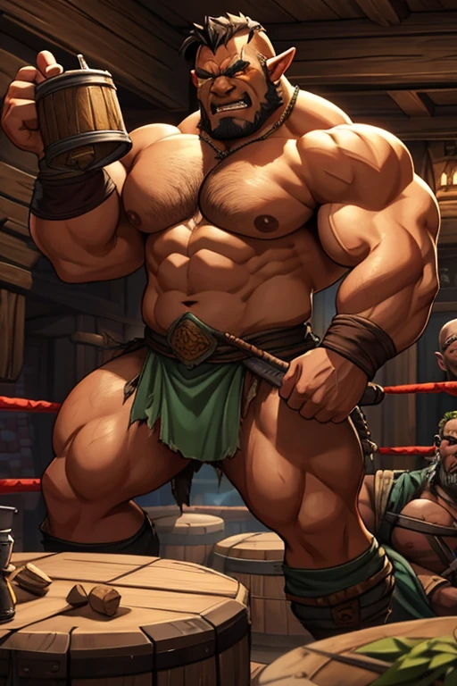 Drunk dazed men drinking tankards of ale in a medieval tavern grow out of their clothes and turn into Orcs as an Orc bard plays a hypnotic beat on his drum. Human face to orc face. Big biceps. Big triceps. Big traps. Broad shoulders. Thick meaty pecs. Swollen glutes. Hyper muscle. Slumped shoulders. Dazed drunk expression. Teeth to tusks. Skin turning green in patches. warband. Warrior. loin cloth. torn clothes. Human to orc. transformation conversion. Assimilation. "I ... I want to ... Me want FIGHT!" Flexing muscles. Wrestling. Broken tables. Tavern brawl. Barbarian. Thug. Hyper crotch bulge. Big bulging crotch. crass. Fight. Brawl. Warrior. Barbarian. Bahgtru. Dumber and dumber. Meathead.