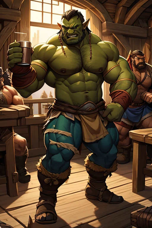 Drunk dazed men drinking tankards of ale in a medieval tavern grow out of their clothes and turn into Orcs as an Orc bard plays a hypnotic beat on his drum. Human face to orc face. Big biceps. Big triceps. Big traps. Broad shoulders. Thick meaty pecs. Swollen glutes. Hyper muscle. Slumped shoulders. Dazed drunk expression. Teeth to tusks. Skin turning green in patches. warband. Warrior. loin cloth. torn clothes. Human to orc. transformation conversion. Assimilation. "I ... I want to ... Me want FIGHT!" Flexing muscles. Wrestling. Broken tables. Tavern brawl. Barbarian. Thug. Hyper crotch bulge. Big bulging crotch. crass. Fight. Brawl. Warrior. Barbarian. Bahgtru. Dumber and dumber. Meathead.