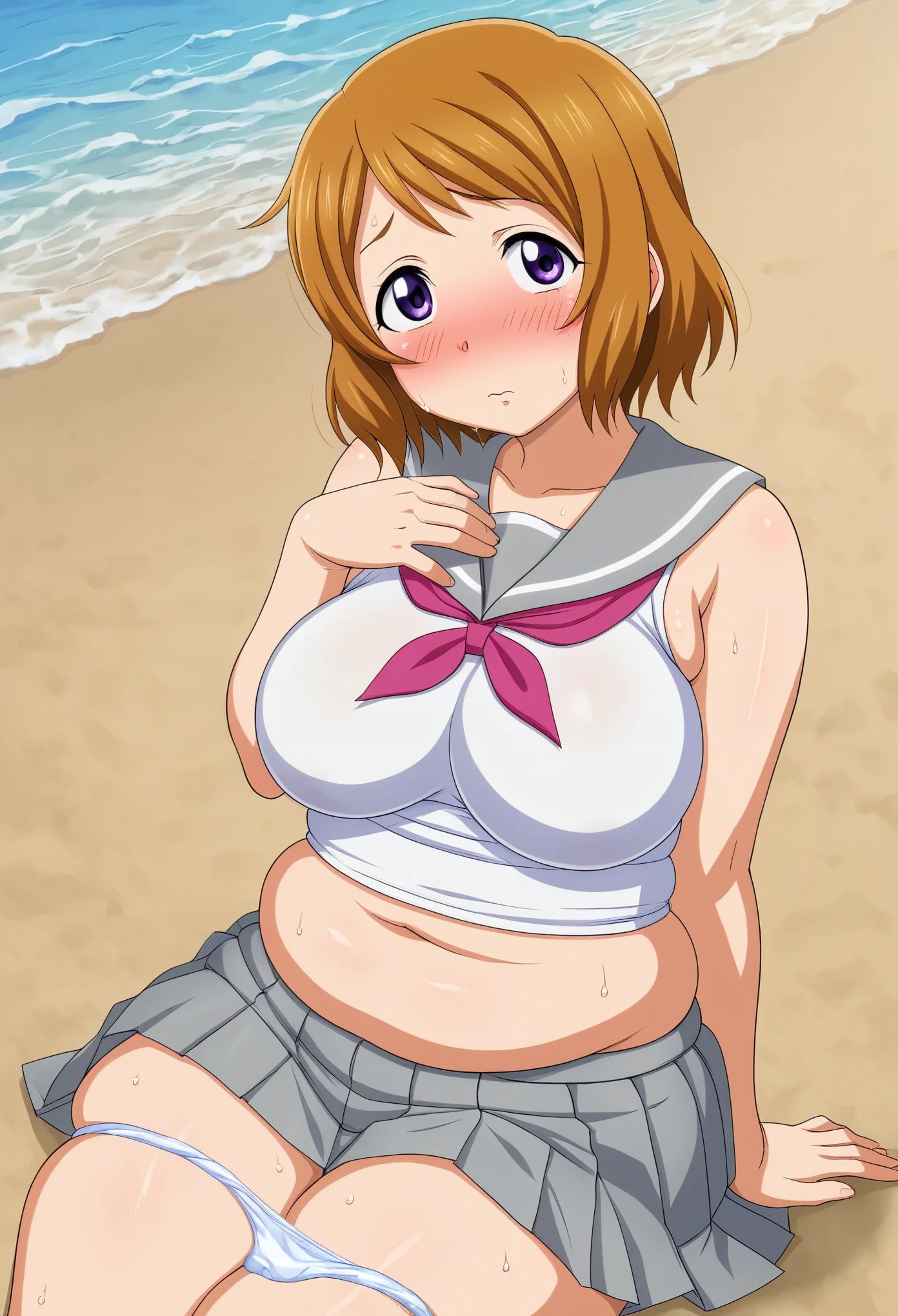 Masterpiece, best quality, hentai style ,solo, Hanayo Koizumi, purple eyes,blush, skirt, sleeveless, pleated skirt, serafuku, grey skirt, tight white top, uranohoshi ,beach, thighs, (skindentation:1.3) , shy ,shy pose, sexually_suggestive,midriff , wide hips, panties around legs, moist skin,Sagging body, melting from heat, plump