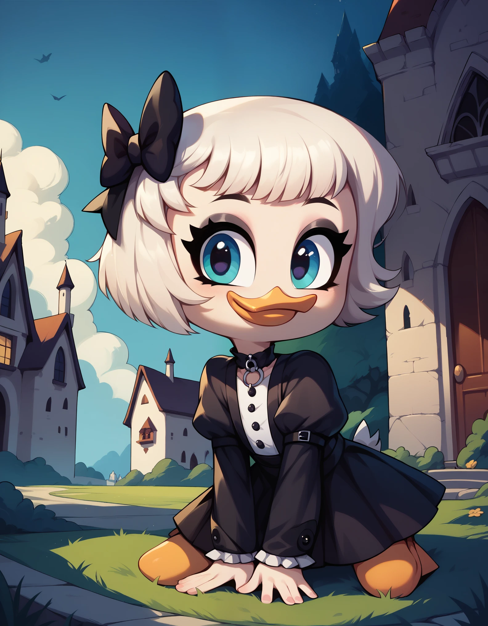 score_9, score_8_up, score_7_up, (webby vanderquack:1.3), is a (((cute))) goth duck living in a gothic castle who is so cute that you just want to squish her, hd, gothicstyle, White hair, solo