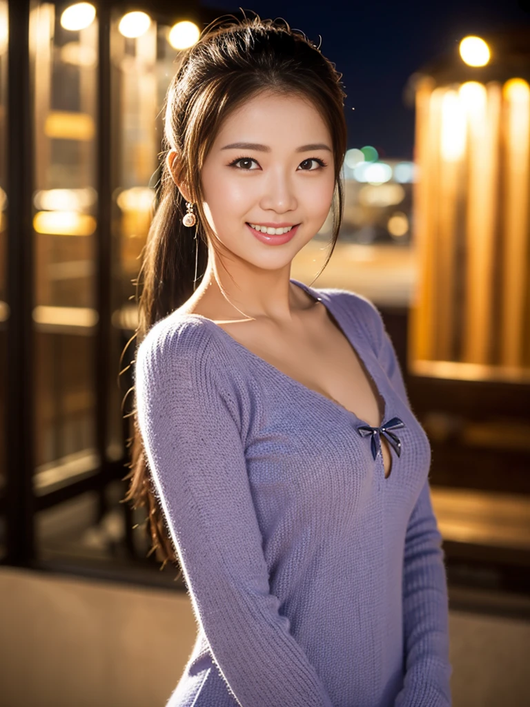 a gorgeous lady in a Bow Front Flounce Sleeve 2-in-1 Dress, standing under night sky, dimpled smile, short ponytail, in a natural pose, photorealistic, beautiful detailed eyes, hyper-realism, high contrast, ultra HD, realistic skin textures, top image quality, top-quality, super high resolution, fine details, very meticulously, bokeh background