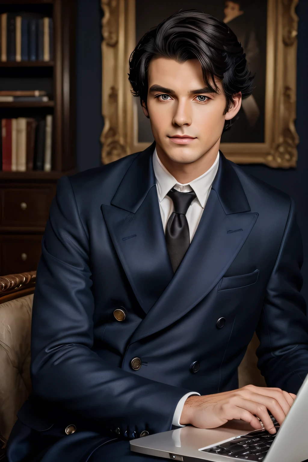 tmasterpiece, beste-Qualit, 1boy, aristocrat, professional portraite of a, upper-body, navy blue coat, professional hairstyle , black hair, smirk, Sits, brown pupils, white professional background, laptop and high quality mic with all equipment