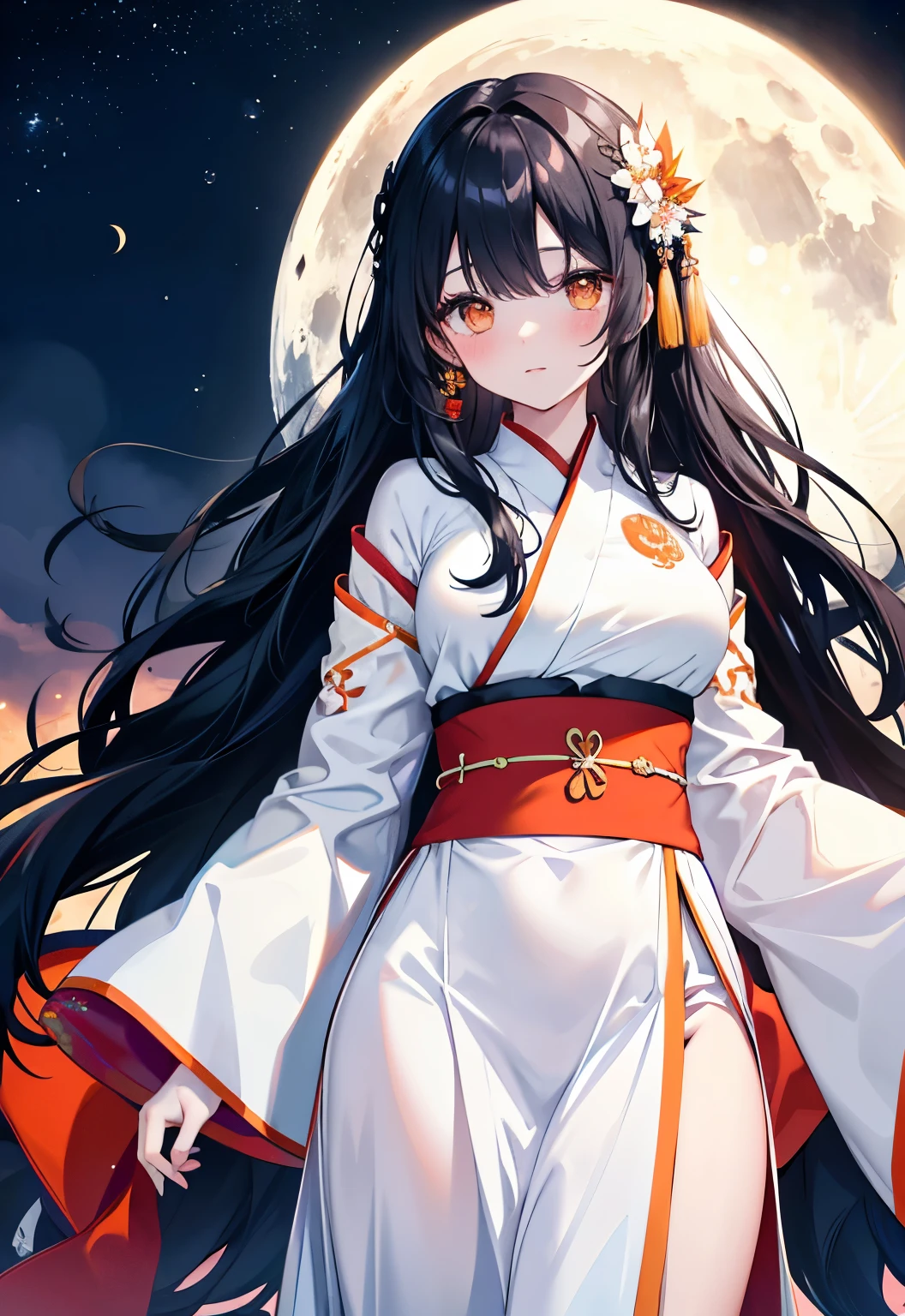 Black Hair，Orange eyes，long hair，，blush，Large Breasts，White Hanfu，Moon background，On the moon，Chang&#39;e《Journey to the West》