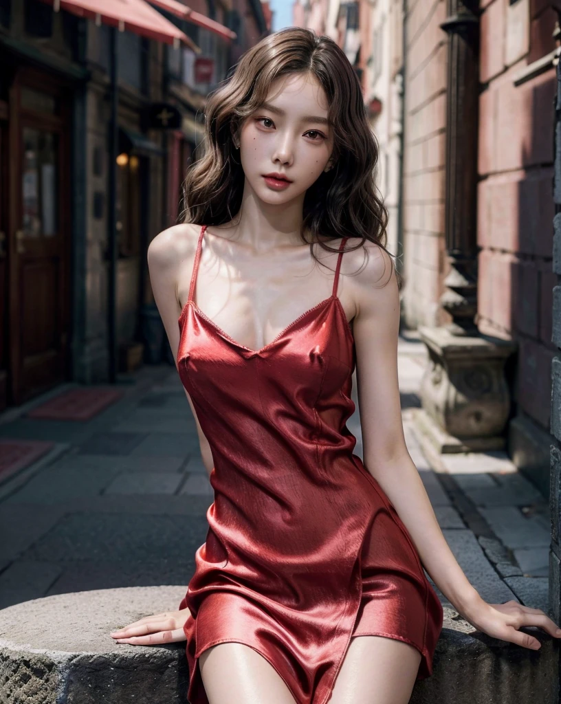 absurdres, RAW photo, extremely delicate and beautiful, masterpiece, Best Quality, ultra high resolution, 32k, hyperrealistic, ultra-detailed, perfect anatomy, perfect figure, Perfect skin, super Detailed skin, muted coral blush, Closed mouth, 20 years old, very Slim body, narrow waist, very small head, very small face, delicate facial features, tearful mole, earring, thin legs, bare legs, (((very huge round breasts))), short medium hair, brown braid hair, ((wavy hair)), (1girl:1.6), (Anatomically correct), (Plump nipples), day light, ((city street)), ((Silk hot red dress:1.3)), ((tightly dress)), ((laced dress)),