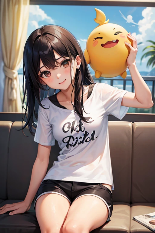1 chica, cabello negro, cabello corto, ojos oscuros, vistiendo una blusa blanca, shorts de mezclilla, mirando al espectador, sonriendo sin mostrar los dientes, 8k, obra maestra.