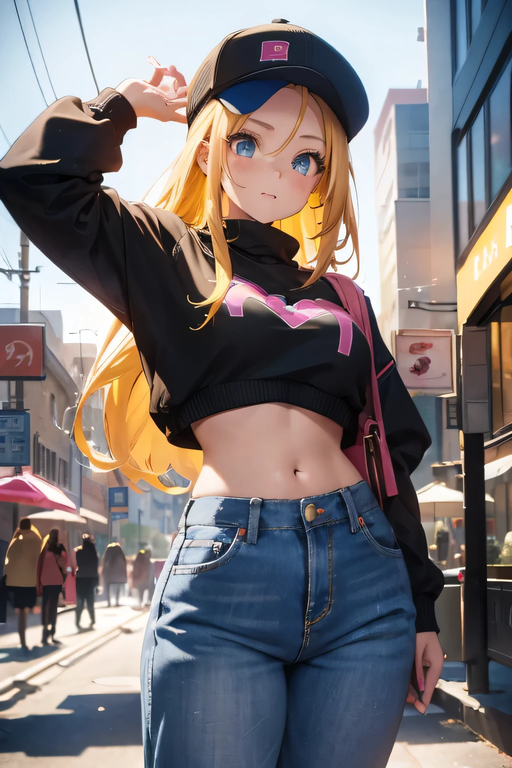 1 girl, single girl, cute, yellow hair, blue eyes, medium breasts, big hips, sweater, pink top, Patanlon baggy bluyin, black sports cap, college girl