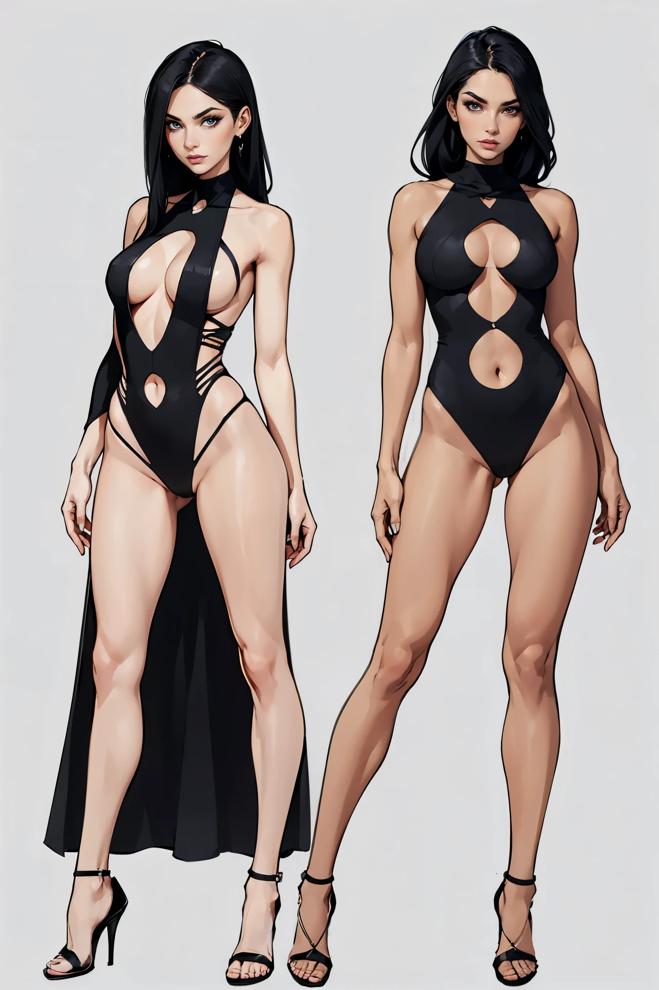 makeup, mascara, woman 25 years old, stylish, Clean, sharp designs, flowing silhouettes, (simple cutout black monokini), asymmetrical, geometric, Elegant and luxurious materials and designs, Simple,  Distinctive designs, simple silhouettes, chic and mature impression, elegance, minimalism, standing, high fashion, full body, stiletto heels, cleavage, prefect model face
