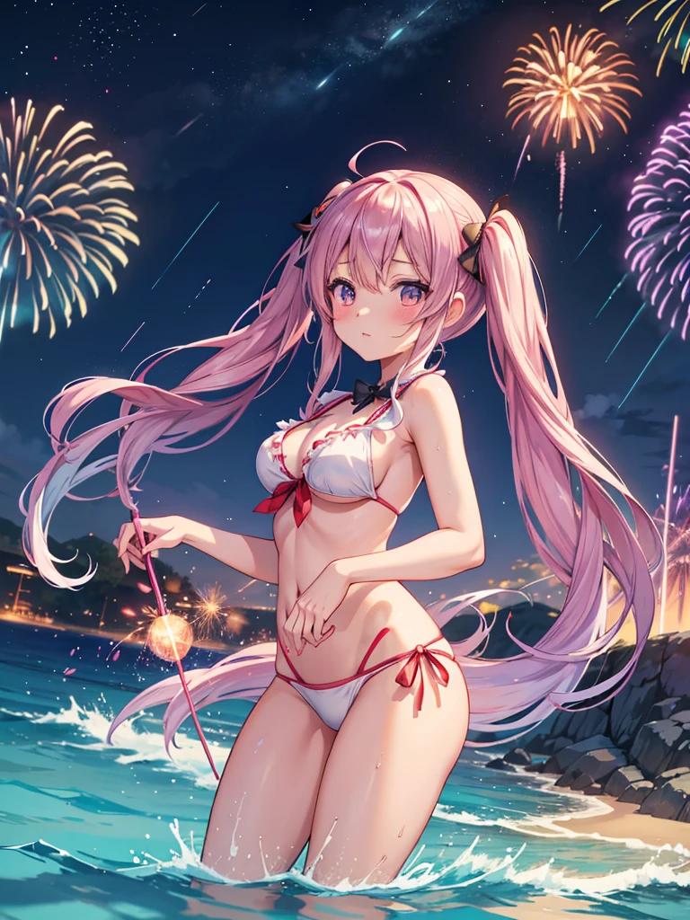 anime girl in bikini with fireworks in the background, an anime drawing by Jin Homura, pixiv contest winner, rasquache, ikki tousen, anime goddess, seductive anime girl, ecchi, jellyfish shrine maiden 8k, kantai collection style, hd anime wallaper, beautiful alluring anime , hestia, twintails, ecchi anime style