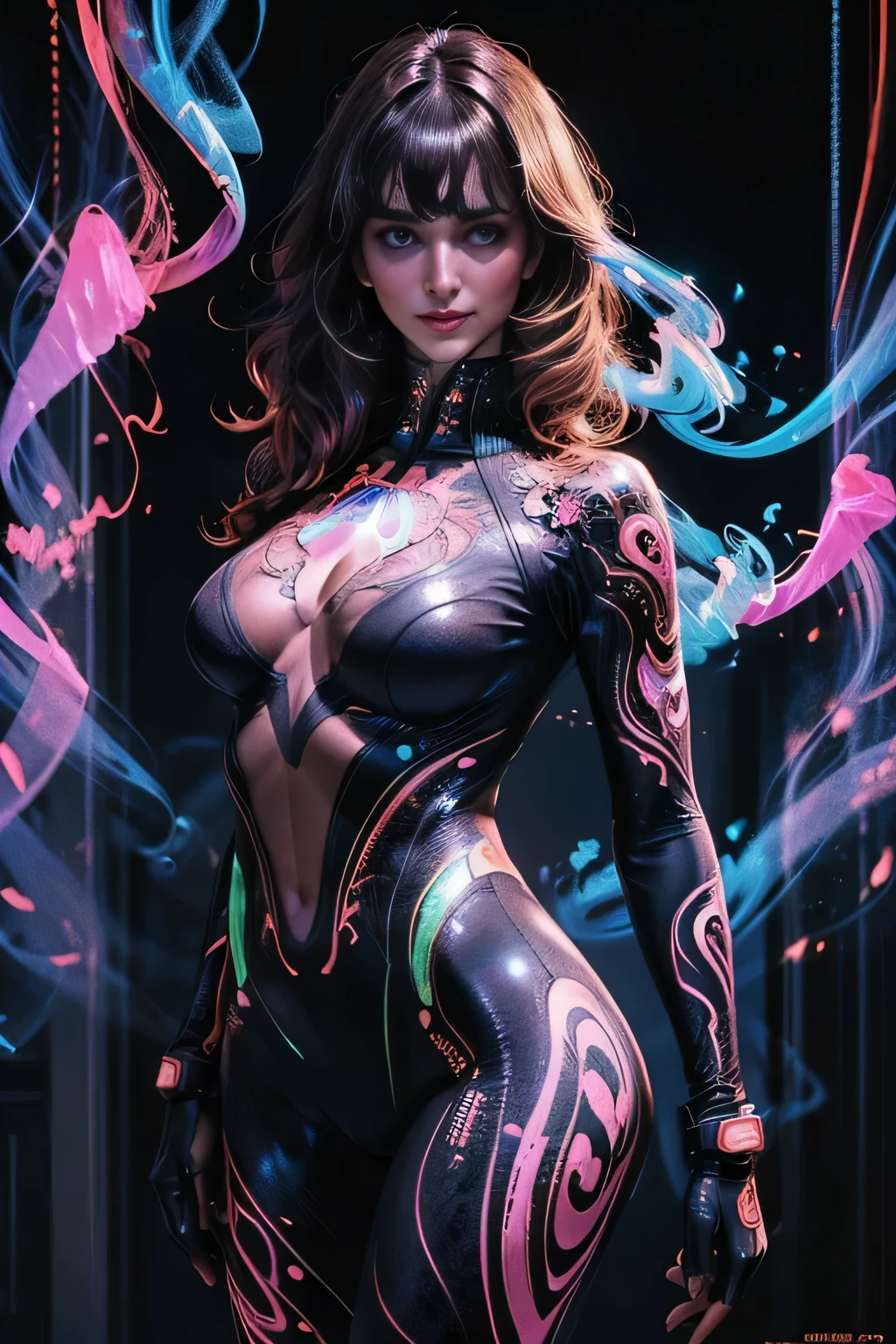 ((masterpiece)), ((highest quality)), in a dark cave Background, (Super High Detail), 1girl, Alluring, Sexy, Erotic, Beautiful Face, (Detailed and Perfect Face), (Detailed Hair), Curly Long Brown Hair, Bangs, (Symmetrical Eyes: 1.3), (Detailed Eyes), (Detailed Skin), Realistic Skin, Super High Resolution, (Medium Bust, Shapely Breasts), (Slim Figure), Shapely Butt, Crotch Detail, Sexy Thighs, (Supermodel Figure), Gentle Smile: 1.1, (Intricately Patterned Damask Black Light Painted Bodysuit: 1.3), (Cowboy Shot), (In a Dark Room: 1.5), (Cyberpunk Black Light Painted Background: 1.3), (Random Pose), Changing Pose, (Dynamic Angles), (Soft Light), (Ambient Lighting,), Neon, LED, Colorful, Glowing Eyes, Beautiful Face, Very Beautiful, (Artistic Glowing Smoke Blending with Hair: 1.5),