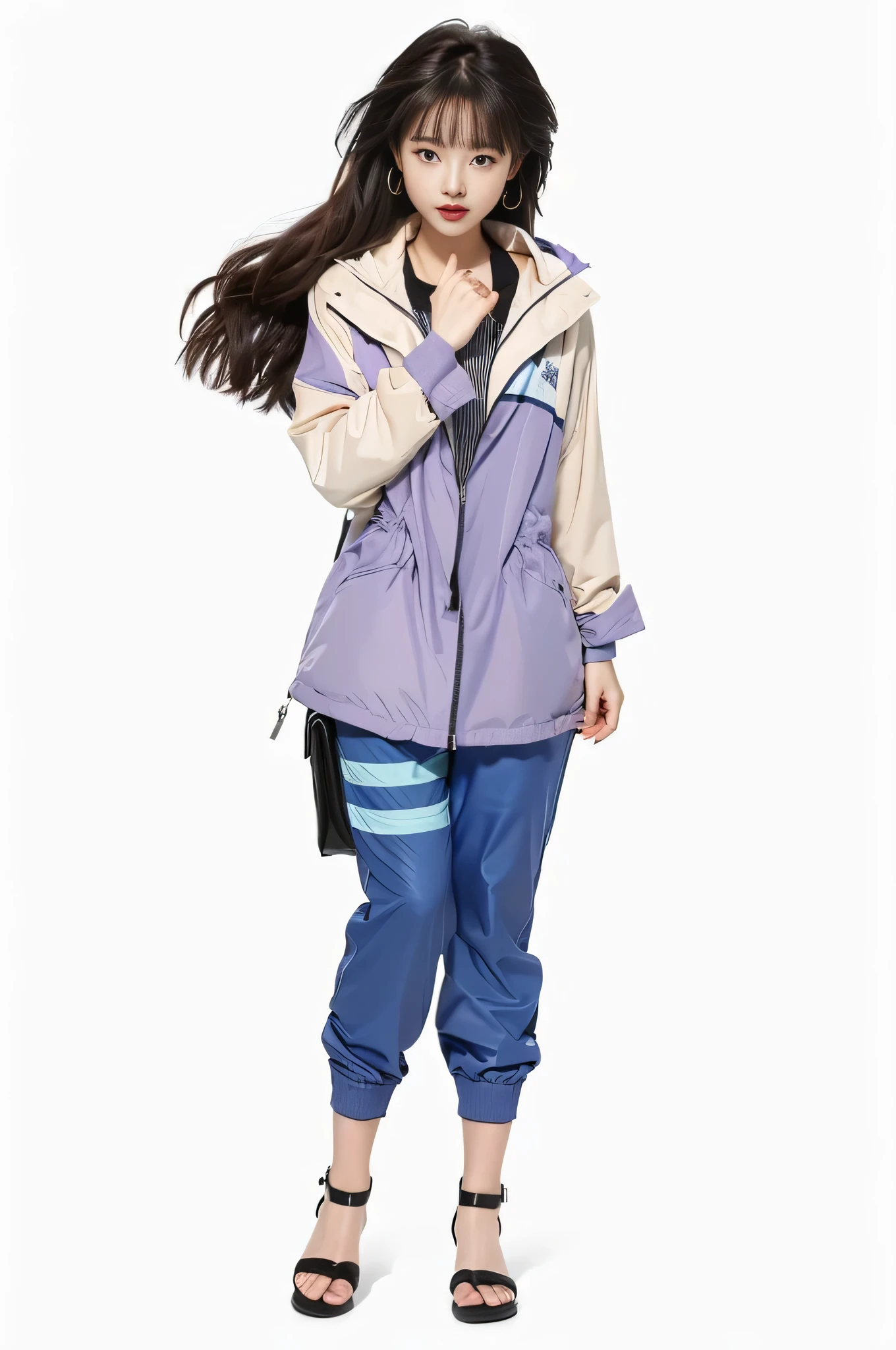 a woman in a purple jacket and blue pants