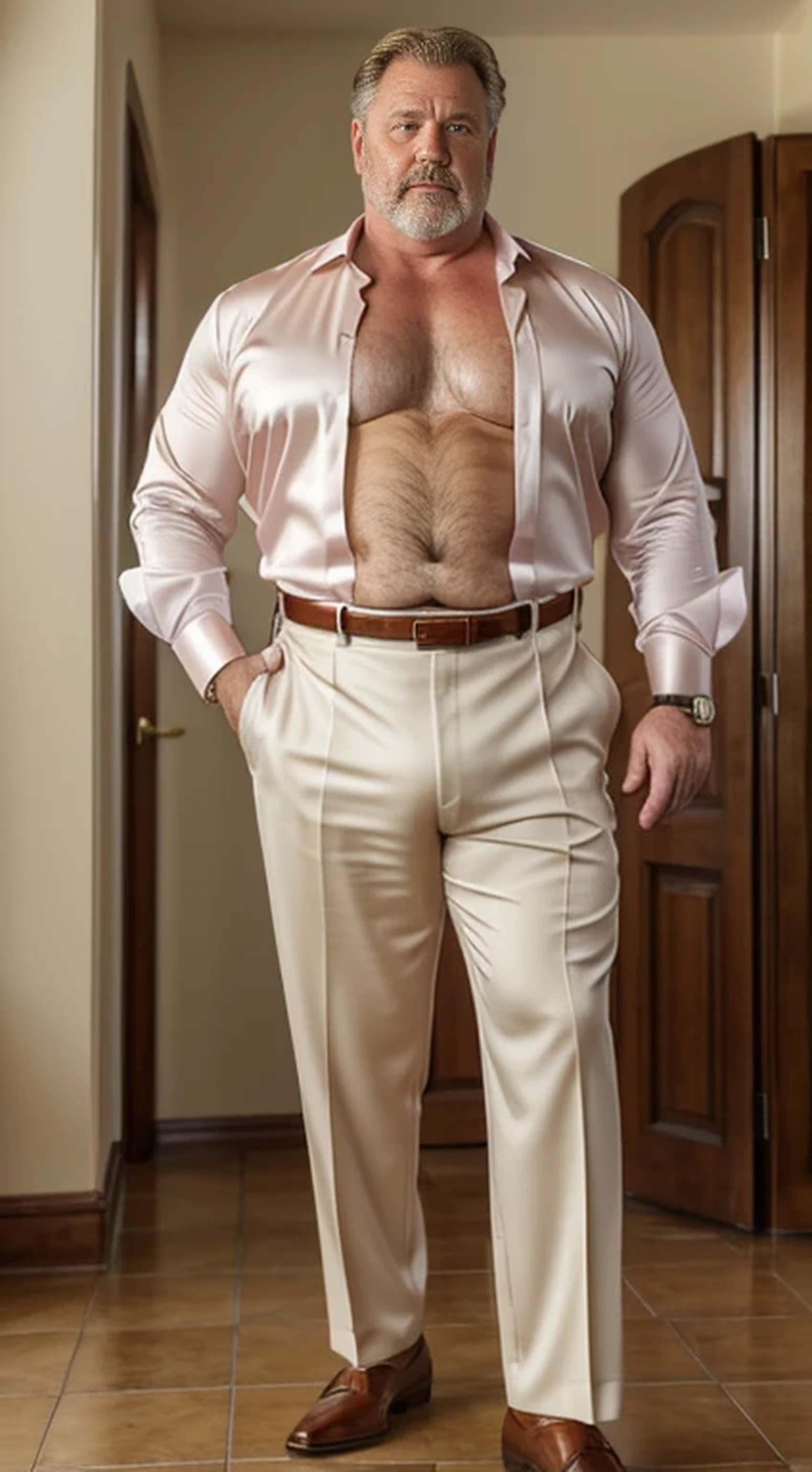 (best quality,4k,8k,highres,masterpiece:1.2), age 60, white man detective , horny disgusting, muscular chubby, kind, open silk shirt, mature daddy, Dress Pants with big hard bulge, hairy chest hard nipple, belt, loafer,