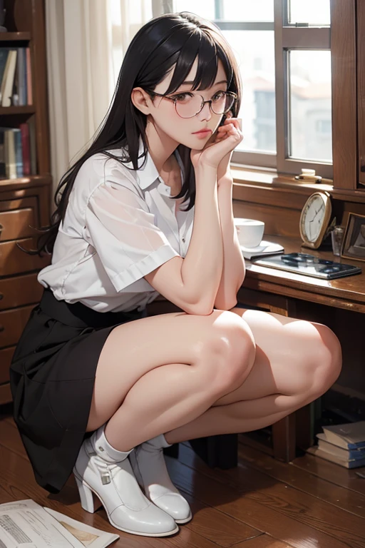 highest quality、masterpiece、High sensitivity、High resolution、Aunt、Skinny body、Glasses、squat