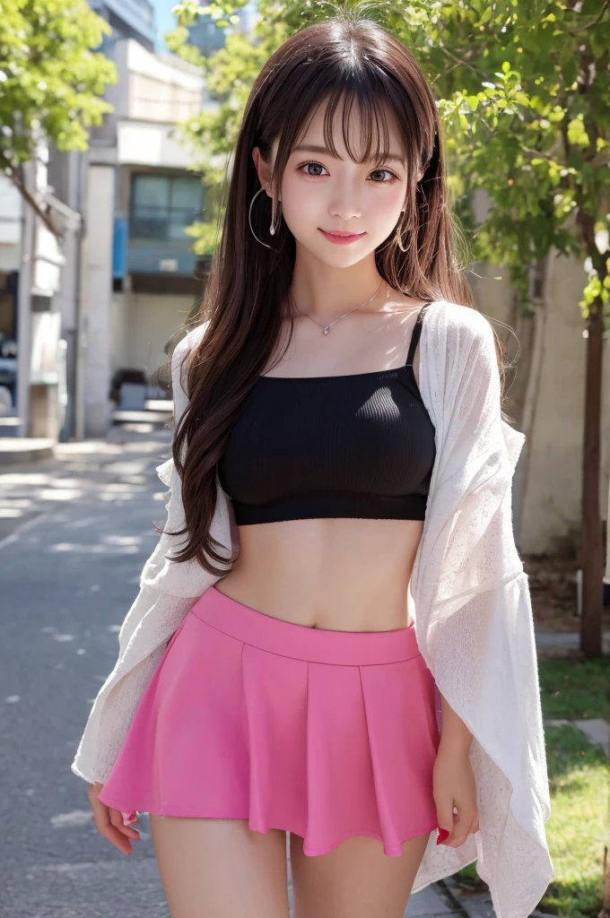 highest quality、8k Masterpiece、超A high resolution、(Photorealistic:1.3)、RAW Photos、1 girl、Black Short Hair、Glowing Skin、((Ultra-Realistic Details))、Portrait、Global Illumination、Shadow、Octane Rendering、8k、Super sharp、Beautiful breasts、Metal、Cold colors、、Very intricate details、Realistic Light、CGSoation Trend、Beautiful Eyes、Shining Eyes、To the camera、Neon Details、２０age、Long hair fluttering in the wind、Obscene、wide shot、full body、Silver charm on the ankle、smile、Young body shape、未来的な白いIdol衣装、Cosplay、A little sexy、Moe、very cute、cute、pure、virgin、love、Idol、shocking pink、mini skirt、Frills、見たこともなほど可愛い白いIdol衣装、A girly cafe with gentle sunlight