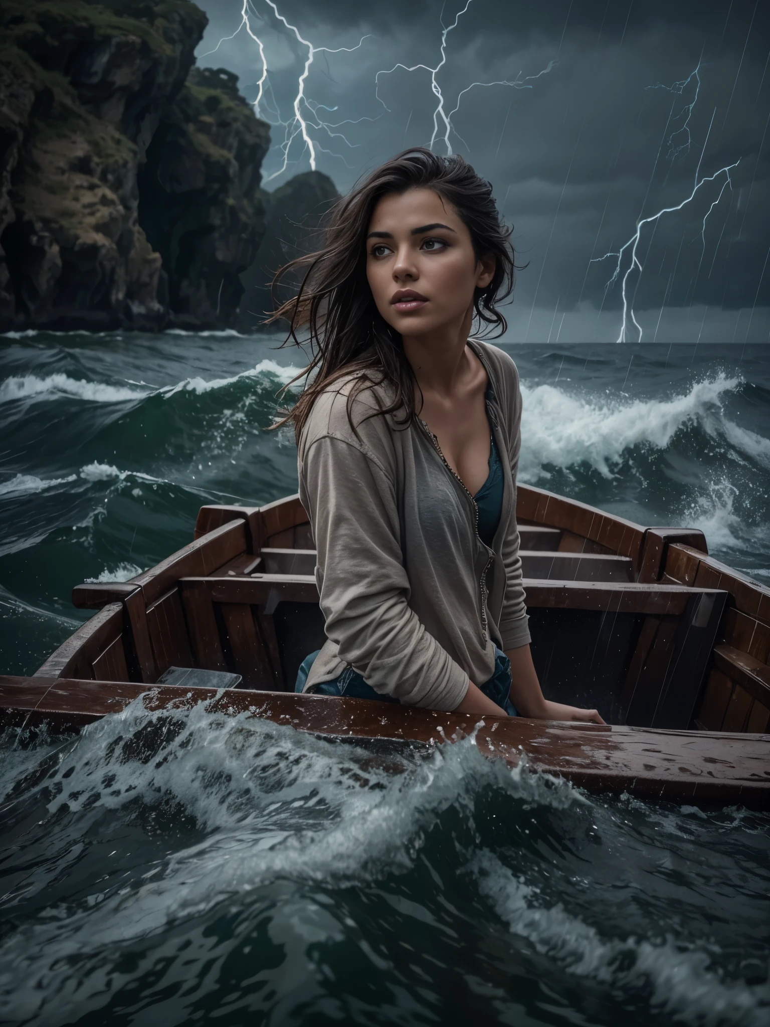 Close-up shot, a single wet, sexy 22 year old brunette woman, standing in a sinking, submerged wooden fishing boat, looking away from viewer, ocean waves, waves washing into boat, rocks, cliffs, small hands, cinematic, dramatic composition, dark stormy sky, (lightning), sharp focus, sense of awe