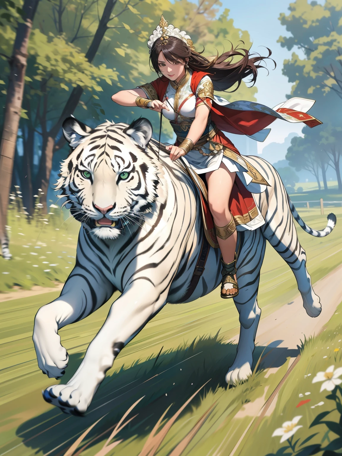 professional, High-quality photos, 4K resolution, Photography-Portrait-Real Style，Girl in flowing ancient costume，Hand on the reins，Riding on a white tiger，Running in the green forest。Running towards the camera，Girl&#39;s long hair fluttering in the wind，Firm eyes，Beautiful face。The desert wind blows her skirt，The sun shines on her，Forming a warm and bright silhouette。The background is an endless desert，Sunset，The skyline is red。Use realistic style，Emphasize light and shadow effects and texture，Capture high-definition details，Show the bravery and beauty of girls。