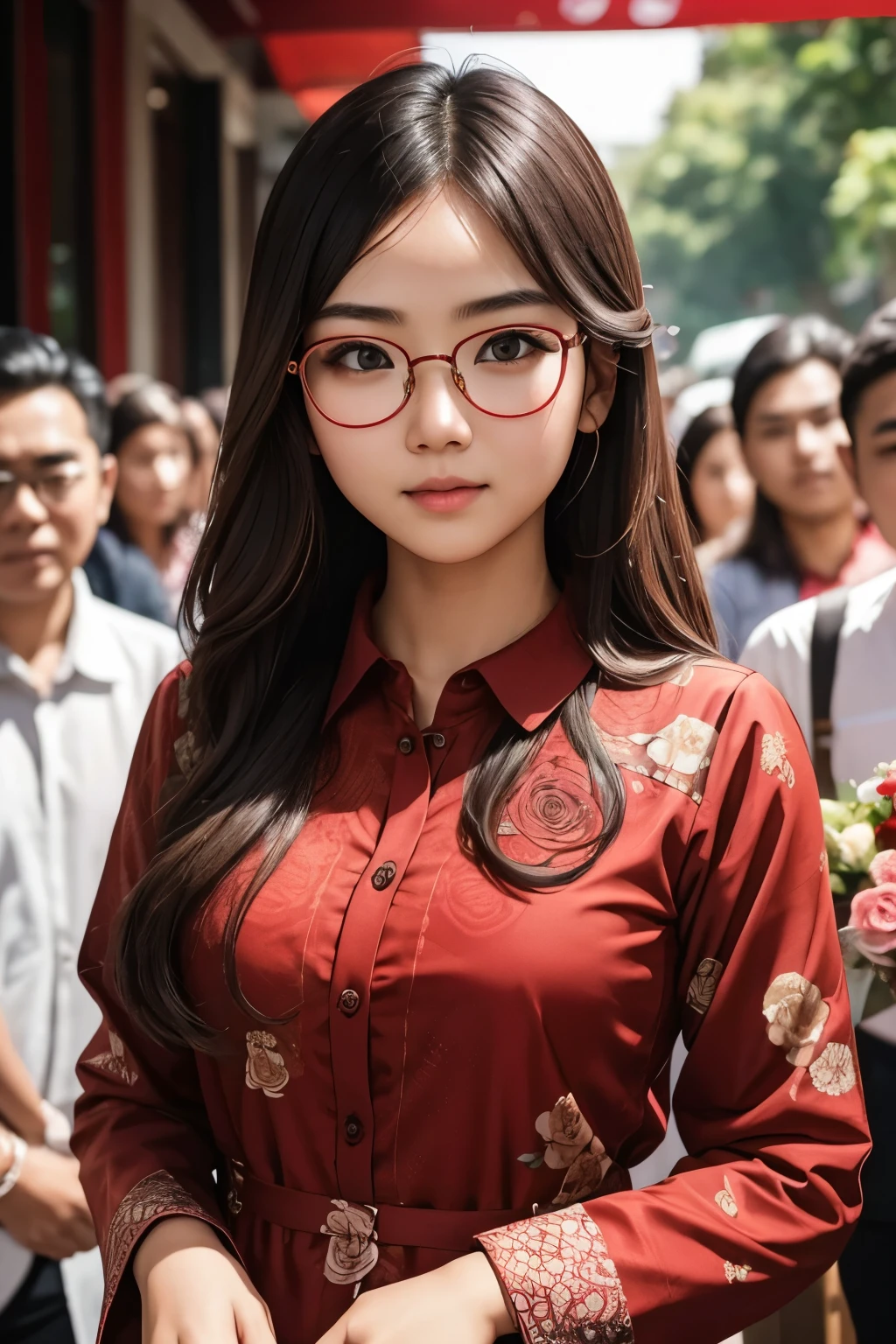 detailed face of photo. 20 year old white skin slim body Indonesian girl with a sweet  face,   round face chubby face and long brown wavy hair, round glasses a serious facial expression with a sharp gaze and carrying a bouquet of roses
wearing batik pattern red shirt   in wedding party