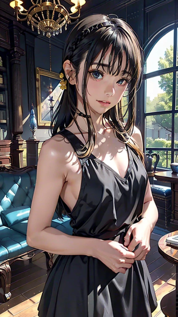 cowboy shot,yor_briar, 1girl, sweet girl, bare arms, black short dress, sidelocks, bare shoulders, bare arms, sleeveless, black hair, golden hairband, golden hair flowers, standing, ((upper body)), indoors, living room, sofa, decorations, chandelier, book stack,
