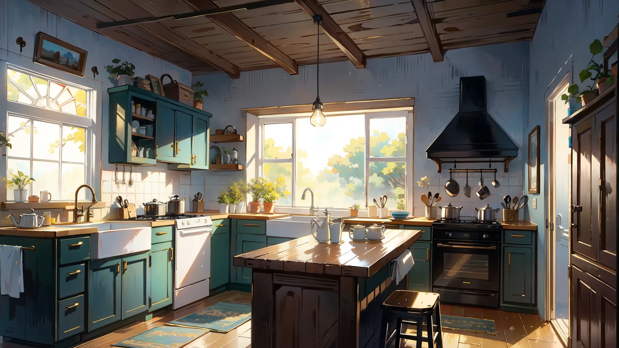 Sweet and warm cottage，kitchen，window，Close，bright，
