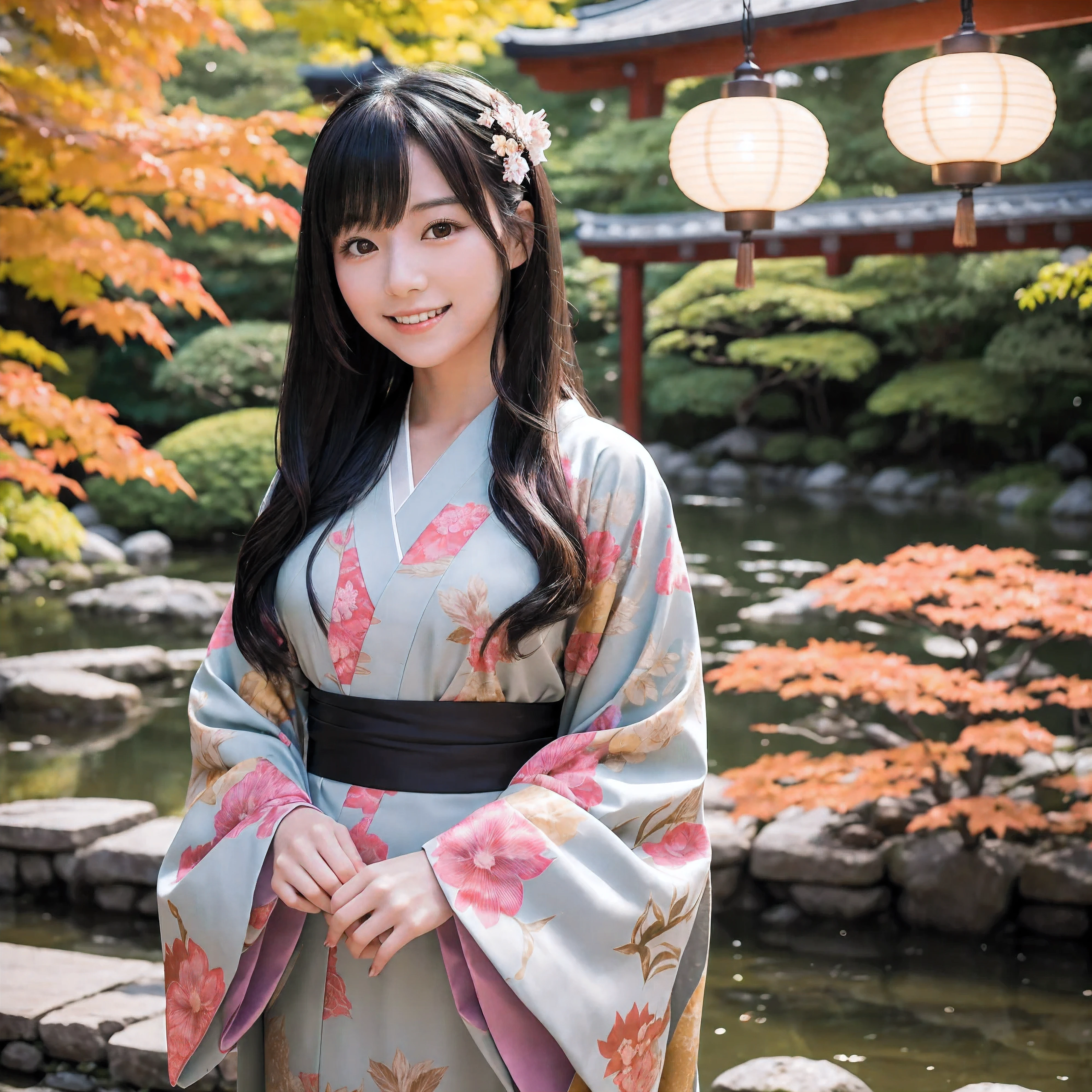 Create a portrait of a cute Japanese woman。She is in her late 20s、Long black hair beautifully arranged。Wearing a gorgeous kimono、This is a scene where they are taking photos in a Japanese garden.。She has a lovely smile、Autumn leaves in the background々You can see the stone lanterns.。