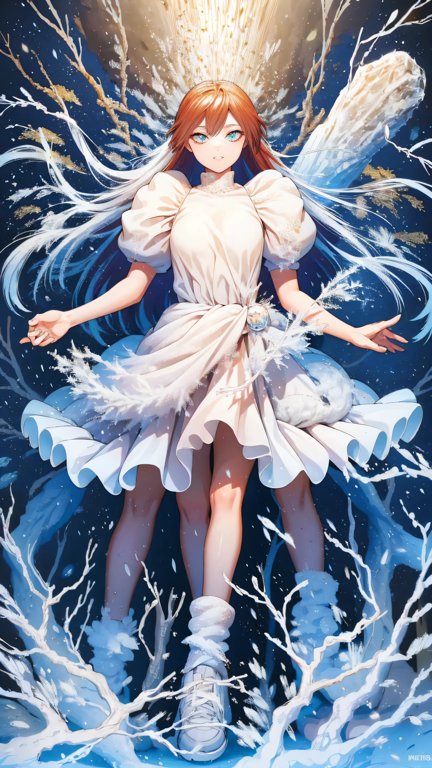 My hero academia, Todoroki shoto, female, full body, kitsuni, snow in background, ice, crystal, very long hair, smiling, snow forest, royal snow princess dress