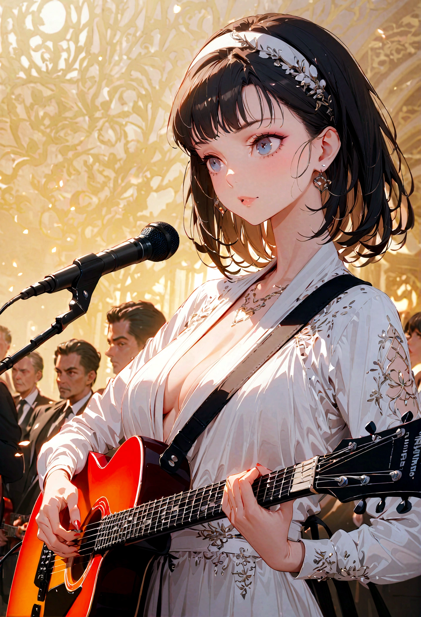 Band singer holding electric guitar,Playing electric guitar,singer,milf,suit,best quality,Amazing,masterpiece,delicate,ultra high res,intricate detail,8K,cool,sharp focus,