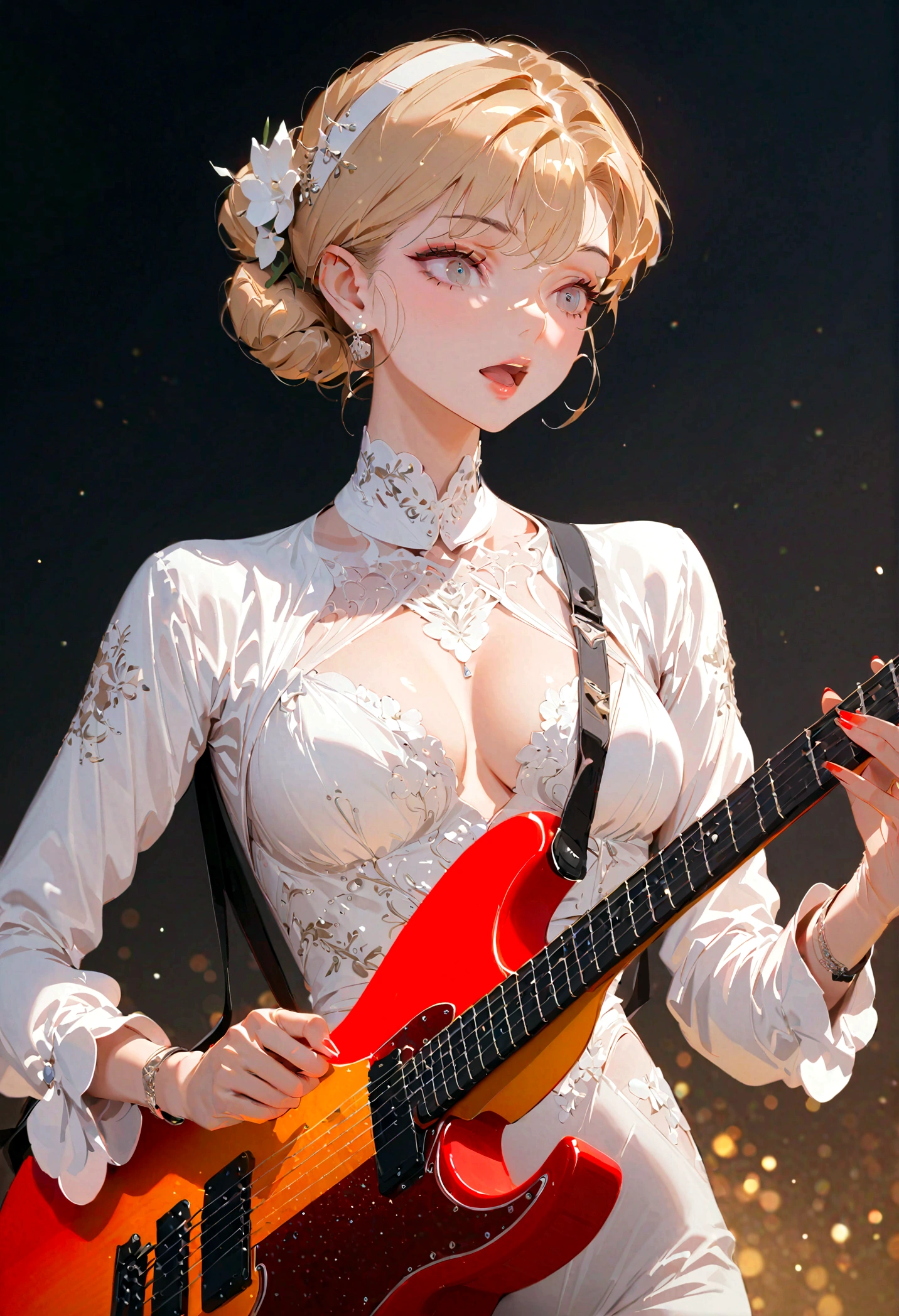 Band singer holding electric guitar,Playing electric guitar,singer,milf,suit,best quality,Amazing,masterpiece,delicate,ultra high res,intricate detail,8K,cool,sharp focus,