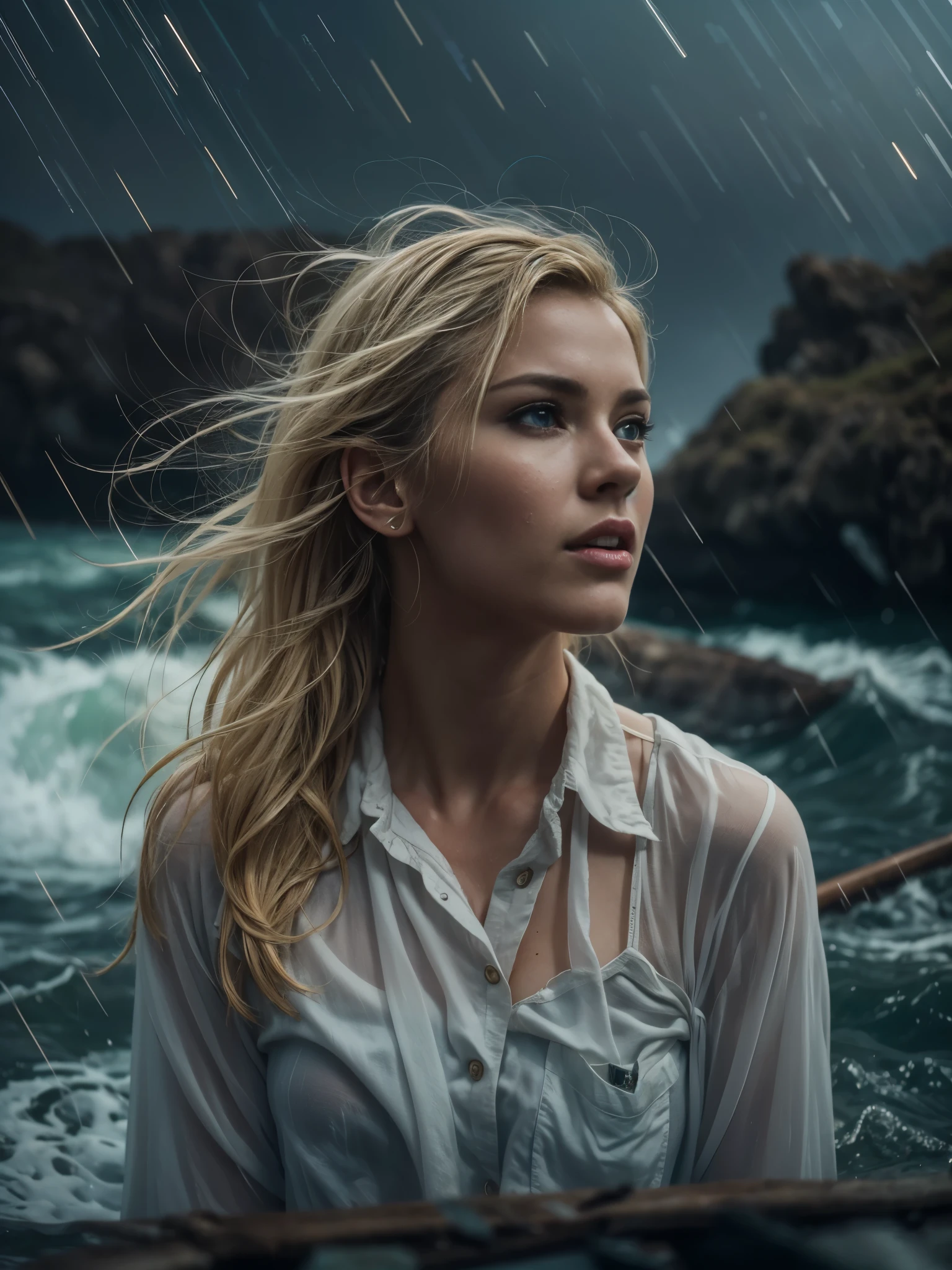 Close-up shot, a single wet, gorgeous 23 year old blonde woman, standing in a sinking, submerged wooden fishing boat, looking away from viewer, ocean waves, waves washing into boat, rocks, cliffs, small hands, cinematic, dramatic composition, dark stormy sky, (lightning), sharp focus, sense of awe. Ring of fire in the sky.