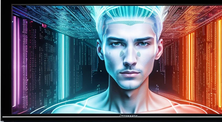 A concentrated and captivating individual, standing motionless yet emanating an aura of command, intently gazes forward while effortlessly controlling the television with his mind. This impressive feat is made possible through the advanced brain chip implanted within his skull, creating a mesmerizing scene of technological prowess and futuristic mystique. This masterpiece, capturing the highest level of realism (1.4), is an ultra high resolution, original shot showcasing unparalleled clarity and detail with a striking resolution of 8k, best quality. The vibrant living room backdrop and the intricate details of the individual's facial features enhance the overall sense of photorealism, achieving a cinem