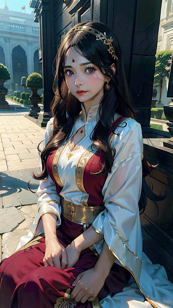 portrait of A confident-looking Bangladesh woman princess with long flowing hair, hazel eyes, wearing designer shalwar qameez and jewellery, visible c-cup breast sitting on royal garden, palace background, bokeh perfect composition, hyperrealistic, super detailed, 8k, high quality, trending art, trending on artstation, sharp focus, photo shoot, intricate details, highly detailed, art by greg rutkowski