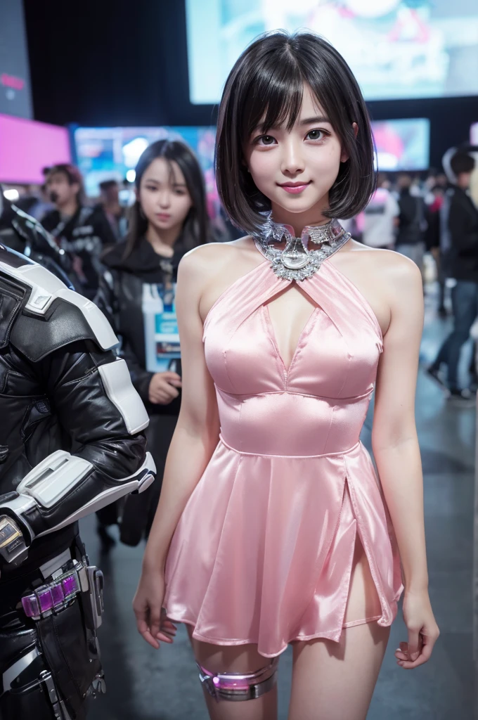 highest quality、8k Masterpiece、超A high resolution、(Photorealistic:1.3)、RAW Photos、1 girl、Black Hair、Glowing Skin、1. Super-beautiful Cyberpunk Soldiers、((Ultra-Realistic Details))、Portrait、Global Illumination、Shadow、Octane Rendering、8k、Super sharp、Beautiful breasts、Metal、Cold colors、、Very intricate details、Realistic Light、CGSoation Trend、Beautiful Eyes、Shining Eyes、To the camera、Neon Details、13age、Very Short Hair、Obscene、wide shot、full body、Silver charm on the ankle、smile、Young body shape、Futuristic girly stage costume、Cosplay、Moe、very cute、cute、pure、virgin、love、Idol、Pink Room