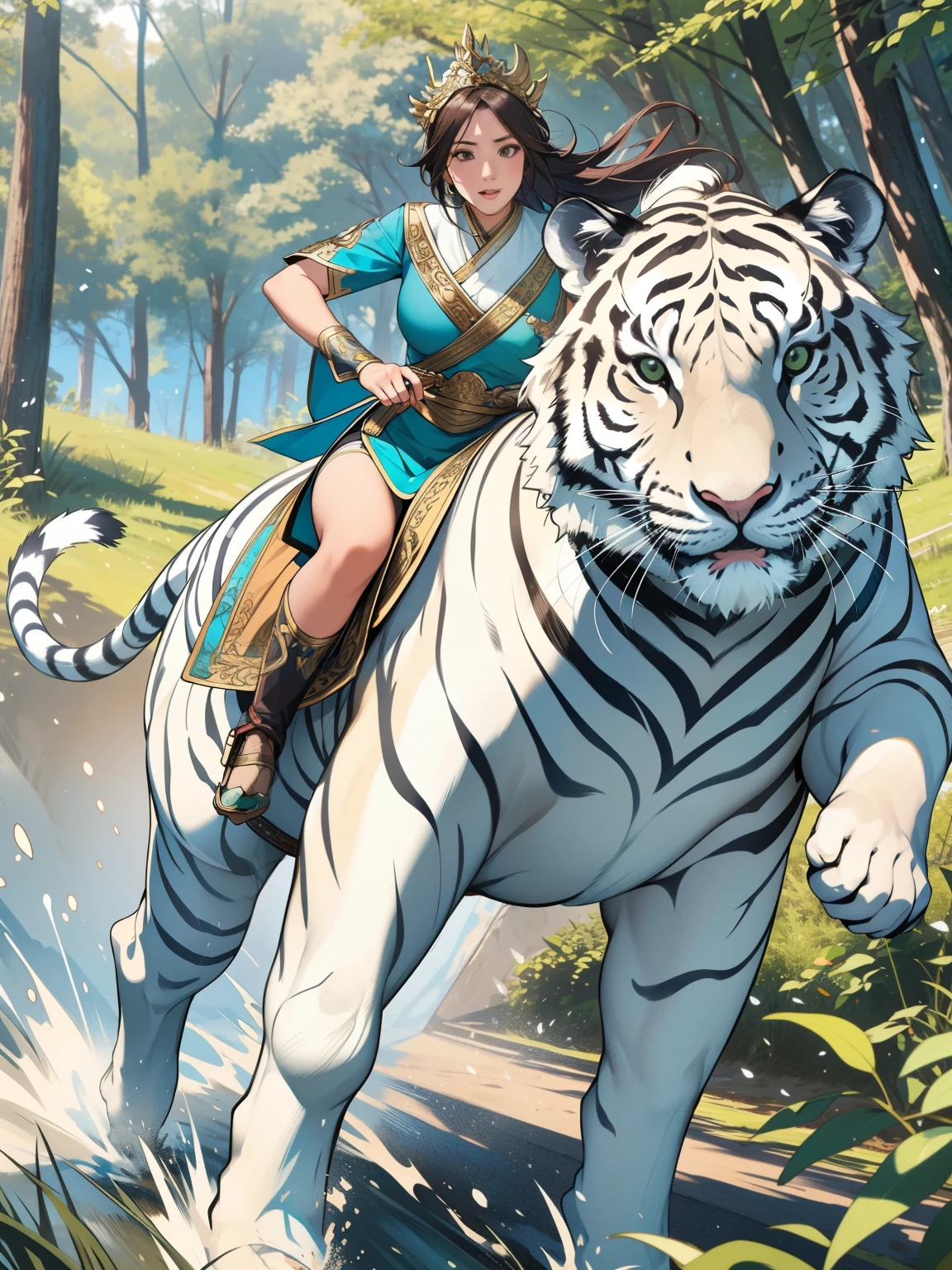 professional, High-quality photos, 4K resolution, Photography-Portrait-Real Style,Girl in flowing ancient costume,Hand on the reins,Riding on a white tiger,Running in the green forest。Running towards the camera,Girl's long hair fluttering in the wind,Firm eyes,Beautiful face。The desert wind blows her skirt,The sun shines on her,Forming a warm and bright silhouette。The background is an endless desert,Sunset,The skyline is red。Use realistic style,Emphasize light and shadow effects and texture,Capture high-definition details,Show the bravery and beauty of girls。