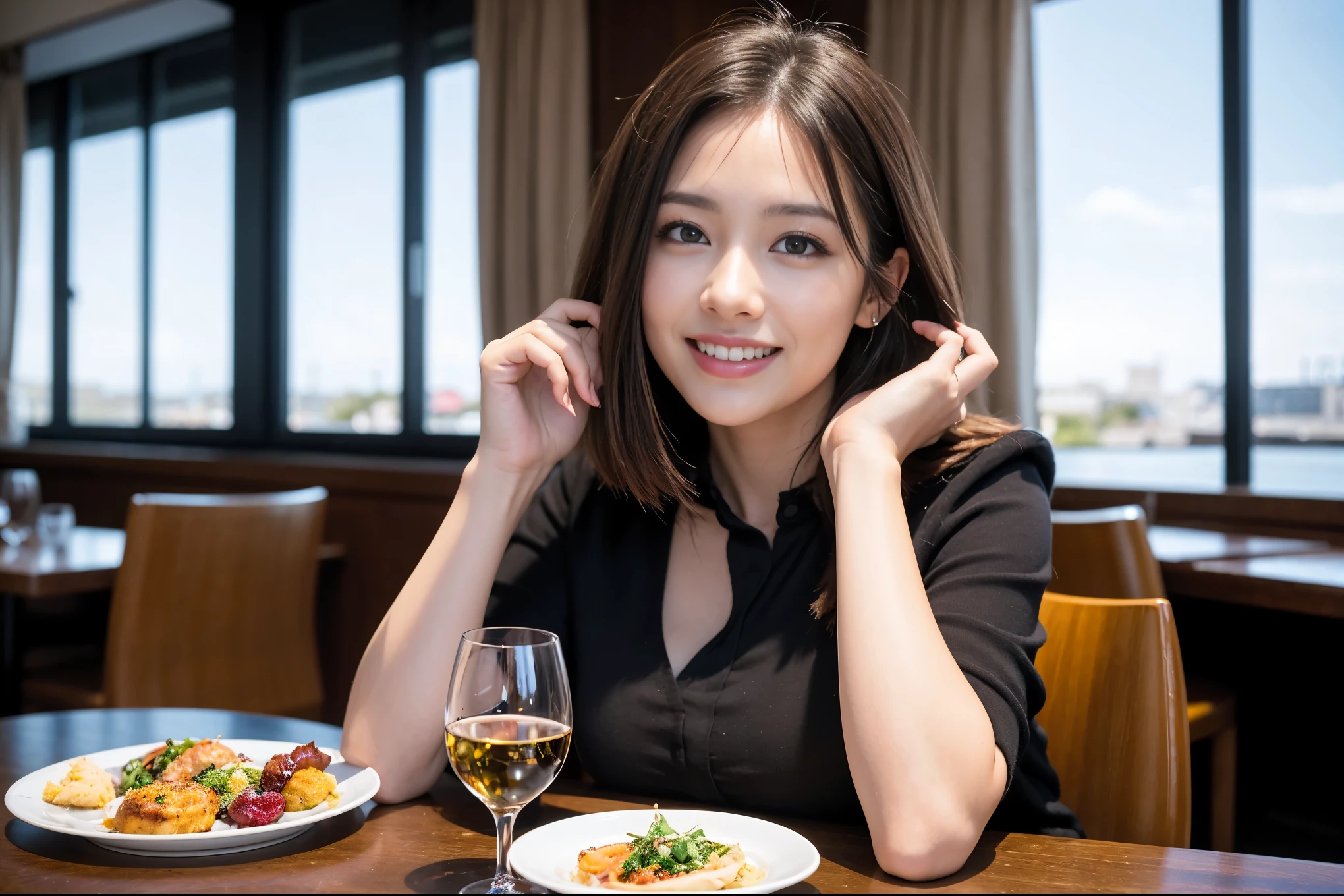 ((highest quality、8k、masterpiece:1.3))、beauty、1 male 1 female、Beautiful couple、A lover who resembles Haruka Ayase、spouse、Handsome Men and Beautiful Women、Spouse、The body is slim、((Bob Hale、Straight hair:1.2)), (Realistic, Intricate details:1.2), full-course dinner,テーブルの上のwine glass、Shine light on your face、 Amazing view of the sunset sky and clouds、A bright smile、The wonderfulness of smile、Bright image、The beauty of wine, Beautiful Face, blue eyes, The light shines on your face, Blushing, short hair,Bright Face、 (42 years old), 39 years old, red wine 、Appetizers、Italian food、Wine bottle、Champagne、sparkling wine、Two beauties、Brown Hair、Shortcuts、Long sleeve shirt、dress、Pretty Woman 1, (slimな顔), (The body is slim), (Brown Hair), (Shortcuts), cheeks turn a little red,Attractive beauty、restaurant, In a prominent place (From the waist up) Nova Frog Style, actress, model, Upper Body, White wine, slim, wine glass, A wine glass placed in the center, smile, (smile: 1.15), Beautiful fine grain, Depth f/2,saturation, High Contrast, Strong light and shadow,Moist Body:1.5、3D texture、Delicate eyes、Brown Hair、The hair is very shiny、