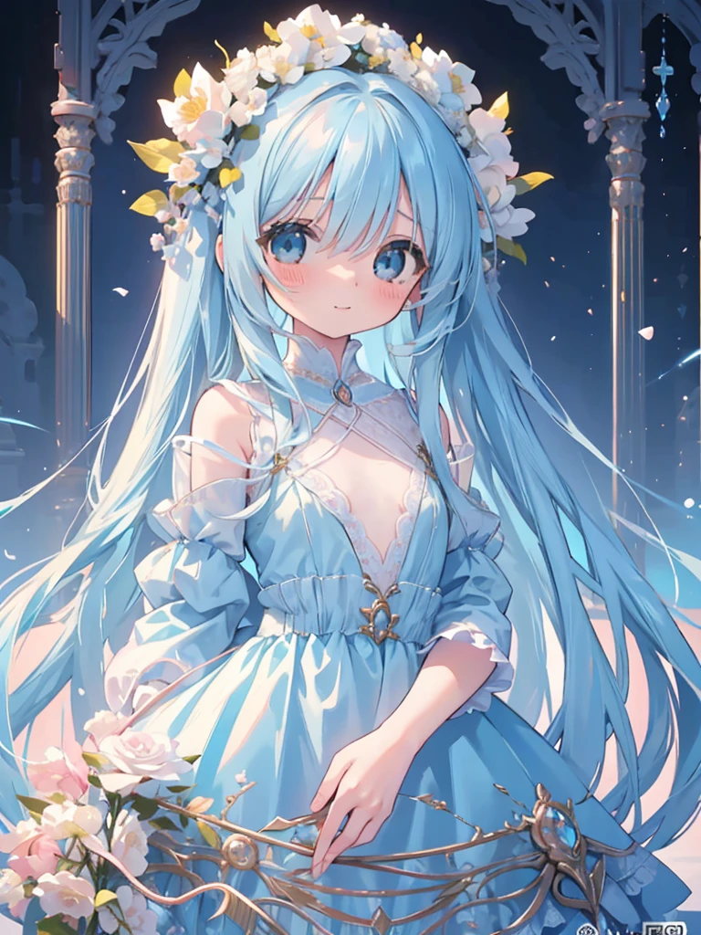 masterpiece, best quality, extremely detailed, (illustration, official art:1.1), 1 girl ,(((( light blue long hair)))), ,(((( light blue long hair)))),light blue hair, ,10 years old, long hair ((blush)) , cute face, big eyes, masterpiece, best quality,(((((a very delicate and beautiful girl))))),Amazing,beautiful detailed eyes,blunt bangs,((((little delicate girl)))),tareme(true beautiful:1.2), sense of depth,dynamic angle,,, affectionate smile, (true beautiful:1.2),(flat chest)), official art,natural lighting, soft lighting, sunlight, Adult woman, holding a bouquet, crying with joy, wearing a flowing dress, multiple types of flowers and plants, masterpiece, best quality, sharp focus, intricate details, perfection, golden ratio composition, 8k resolution, high resolution, beautiful, beautiful sky, vibrant pastel colors, bright colors ,dreamlike digital painting, The sky is gradually clearing,Over the Rainbow、、flower bouquet、,