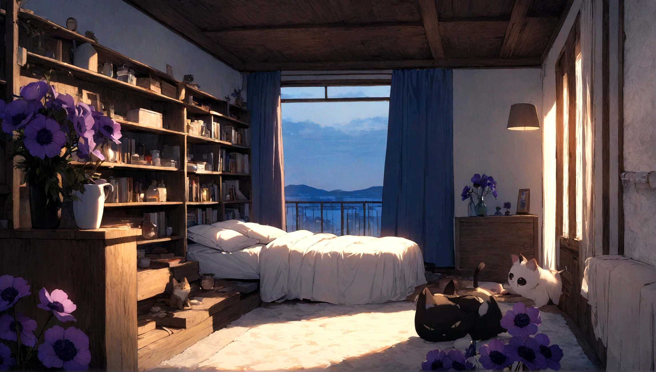 highest quality、Masterpiece、Bedroom Background、single room、White bed、There is a stuffed cat next to the bed.、Blue Curtain、Wooden shelf、Dried white and purple anemone flowers are displayed on the shelves.、evening