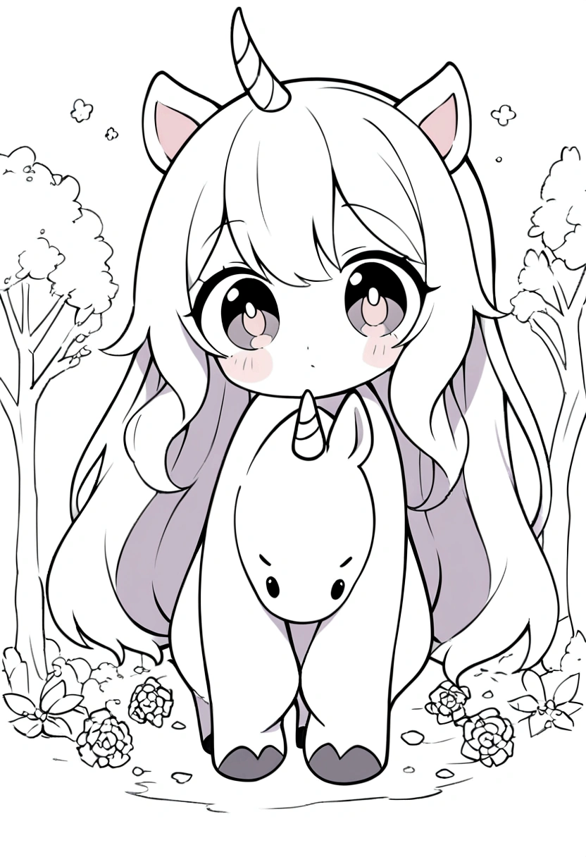 clean line thin art, sketch style, cartoon style, vector, only use outline. 8k hd ultra unicorn standing in the wood with big eyes. black and white. art coloring page.