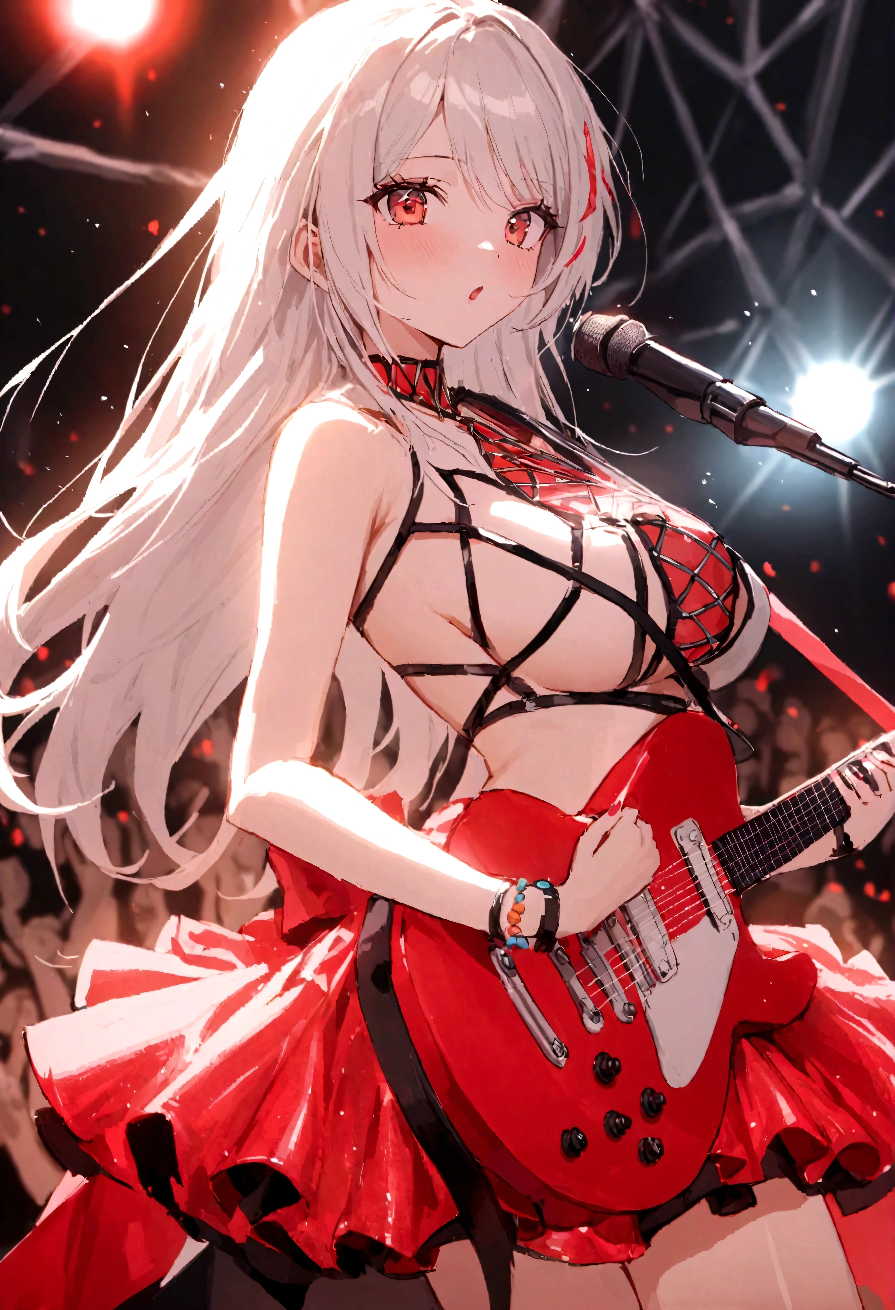A glamorous woman (exciting flashy outfit), matching guitar, is performing in a crowded Kpop concert, lively performance, power ballad