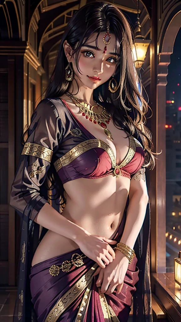 Young Indian woman, sexy blouse and saree, ancient palace, night, detailed body, detailed face, ultra realistic, charming, cute, long curly hair, perfect fingers, ambient lighting, winter, detailed background, 8k