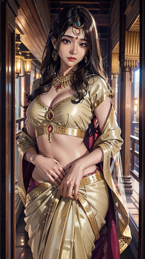 Preity Zinta, 21-year-old beauty, Wearing a gorgeous dark ghagra and long shirt, mascara, Eyeshadow, Long eyelashes, Gold Jewelry , Large Breasts, Standing in the palace, Upper Body, Front view, close up, visible