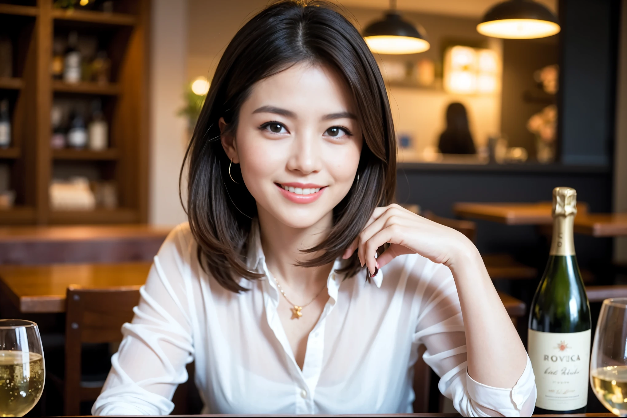 ((highest quality、8k、masterpiece:1.3))、beauty、1 male 1 female、Beautiful couple、lover、spouse、Handsome Men and Beautiful Women、Spouse、The body is slim、((Bob Hale、Straight hair:1.2)), (Realistic, Intricate details:1.2), full-course dinner,テーブルの上のwine glass、Shine light on your face、 Amazing view of the sunset sky and clouds、A bright smile、The wonderfulness of smile、Bright image、The beauty of wine, Beautiful Face, blue eyes, The light shines on your face, Blushing, short hair,Bright Face、 (42 years old), 44 years old, red wine 、Appetizers、Italian food、Wine bottle、Champagne、sparkling wine、Two beauties、Brown Hair、Shortcuts、Long sleeve shirt、dress、Pretty Woman 1, (slimな顔), (The body is slim), (Brown Hair), (Shortcuts), cheeks turn a little red,Attractive beauty、restaurant, In a prominent place (From the waist up) Nova Frog Style, actress, model, Upper Body, White wine, slim, wine glass, A wine glass placed in the center, smile, (smile: 1.15), Beautiful fine grain, Depth f/2,saturation, High Contrast, Strong light and shadow,Moist Body:1.5、3D texture、Delicate eyes、Brown Hair、The hair is very shiny、