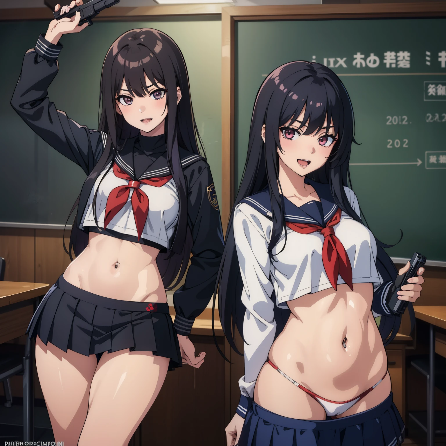 2girl, two girl, long hair, 
blush, lipstick, masterpiece, best quality, highly detailed, a anime girls in sailor uniforms with a gun posing for a picture, evil smile, smile, open mouth,black_serafuku, ecchi anime style, anime girls , ecchi style, ecchi, shipgirls, digital anime art!!, high school girls, holding a gun, hold a gun, anime style 4 k, micro skirt, exposed belly, exposed navel, exposed midriff, exposed lower belly,school, classroom, navel piercing