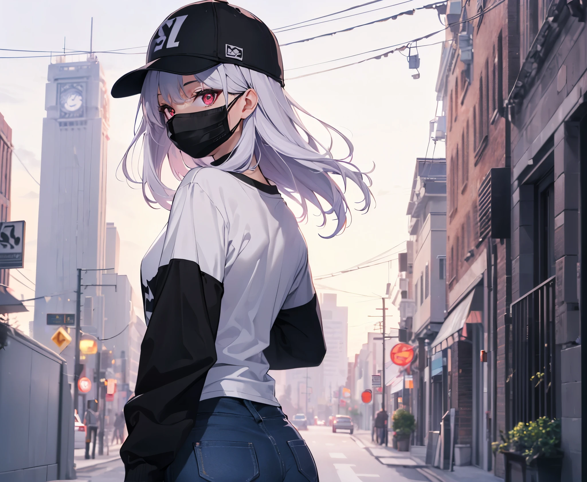 (Close-up:1.3),Realistic,highest quality, Super detailed, High-quality CG rendering, The most delicate and beautiful, Floating softly, High resolution, (1 female), (highest quality,4K,8k,masterpiece:1.2), Light purple hair,Long Hair,Red eyes,(White oversized long sleeve T-shirt:1.3),(Black skinny pants:1.3),(White cap:1.3),In the city,old buildings,(Black Mask:1.4),(Upper Body:1.3),