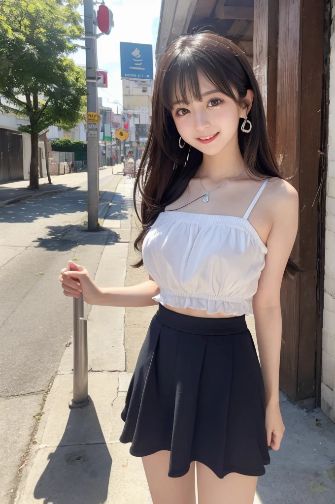 highest quality、8k Masterpiece、超A high resolution、(Photorealistic:1.3)、RAW Photos、1 girl、Black short hair swaying in the wind、Glowing Skin、((Ultra-Realistic Details))、Portrait、Global Illumination、Shadow、Octane Rendering、8k、Super sharp、Beautiful breasts、Metal、Cold colors、、Very intricate details、Realistic Light、CGSoation Trend、Beautiful Eyes、Shining Eyes、To the camera、Neon Details、２０age、Mean、Small devil、Obscene、wide shot、full body、Silver charm on the ankle、smile、Young body shape、未来的な白いIdol衣装、Cosplay、A little sexy、Moe、very cute、cute、pure、virgin、love、Idol、shocking pink、mini skirt、Frills、見たこともなほど可愛い白いIdol衣装、A girly cafe with gentle sunlight