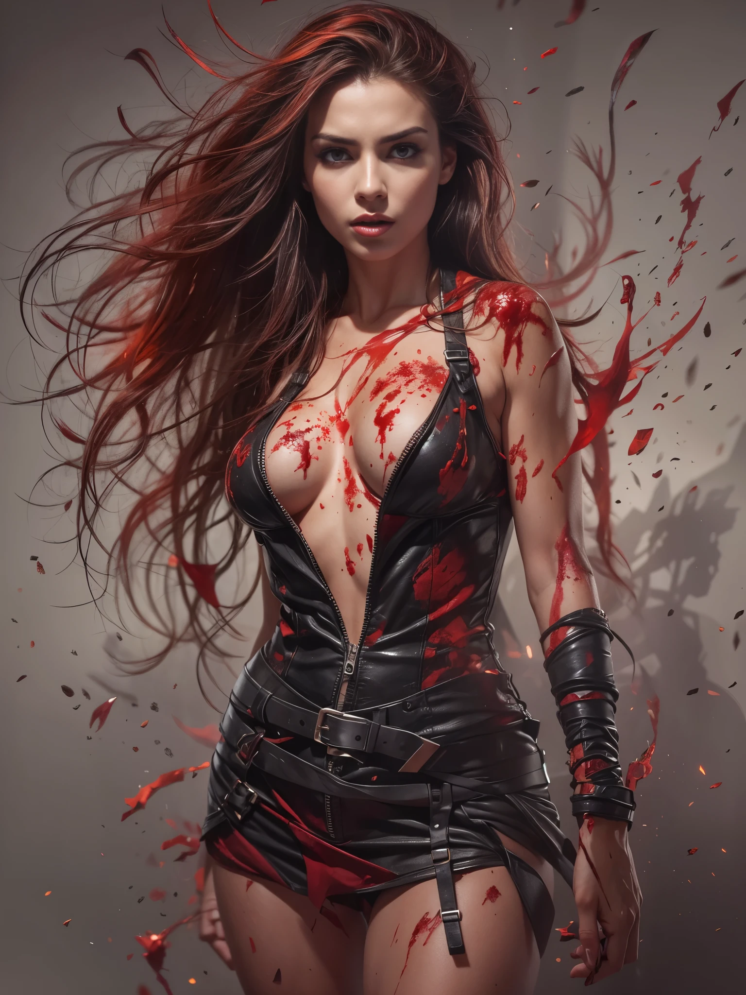 masterpiece, best quality, looking at viewer, facing viewer, bare legs, 1girl, solo, upper body, bow, serafuku, disgusted face, night time, heavy rain, outdoors, city, crop top, navel, wet clothes, drenched, overly long sleeves, hands in sleeves, blood tears, blood marks, dark alleyway, blood splattered on the ground, red bright light, glowing eyes, depth of field,holding a knife,red sky, atmofer,perfect hands