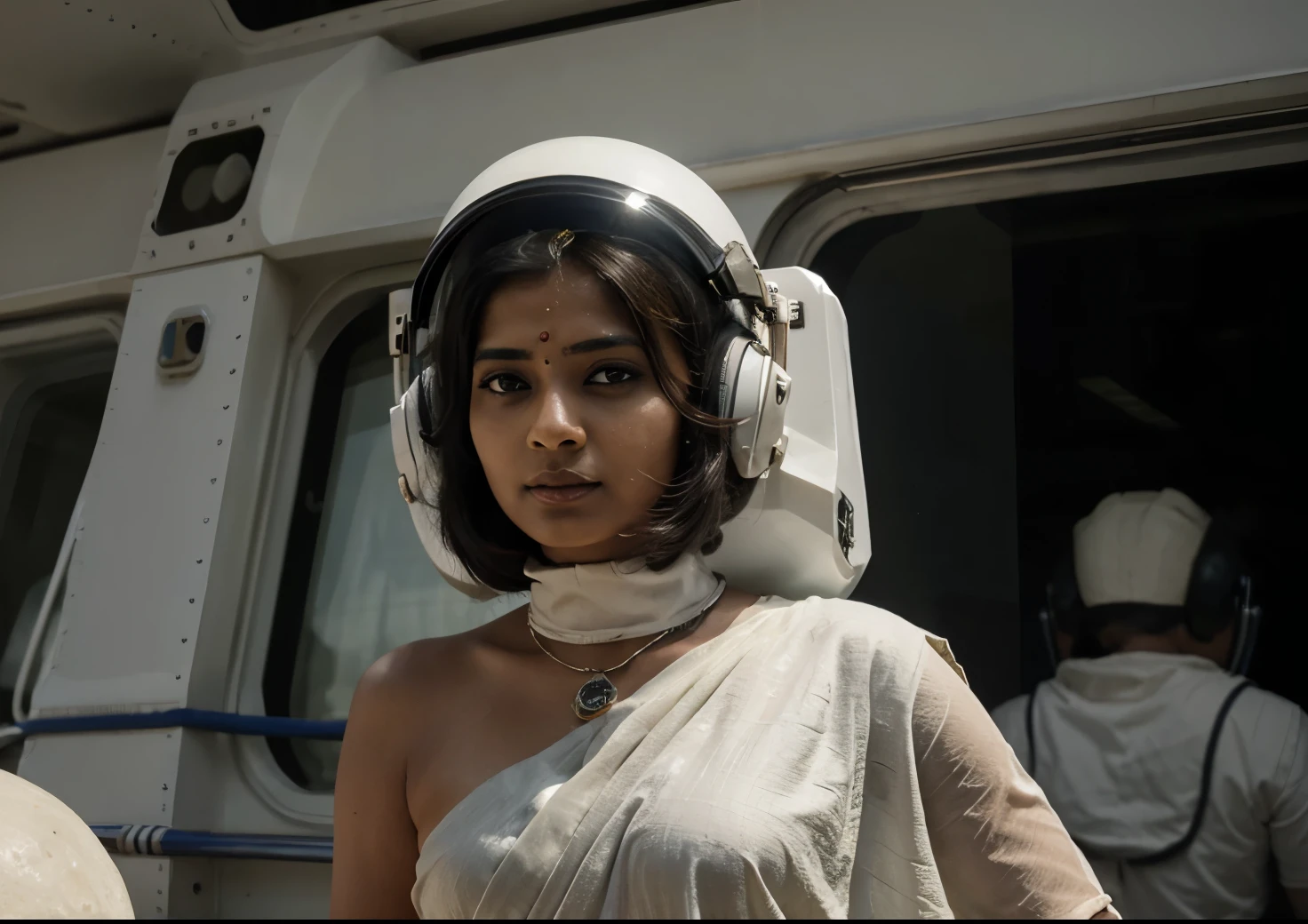 Indian women in saree on moon with spaceship wearing a helmet with a cow