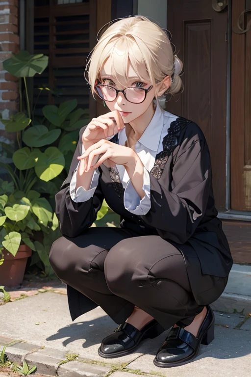 highest quality、masterpiece、High sensitivity、High resolution、50Old woman、Skinny body、Glasses、squat