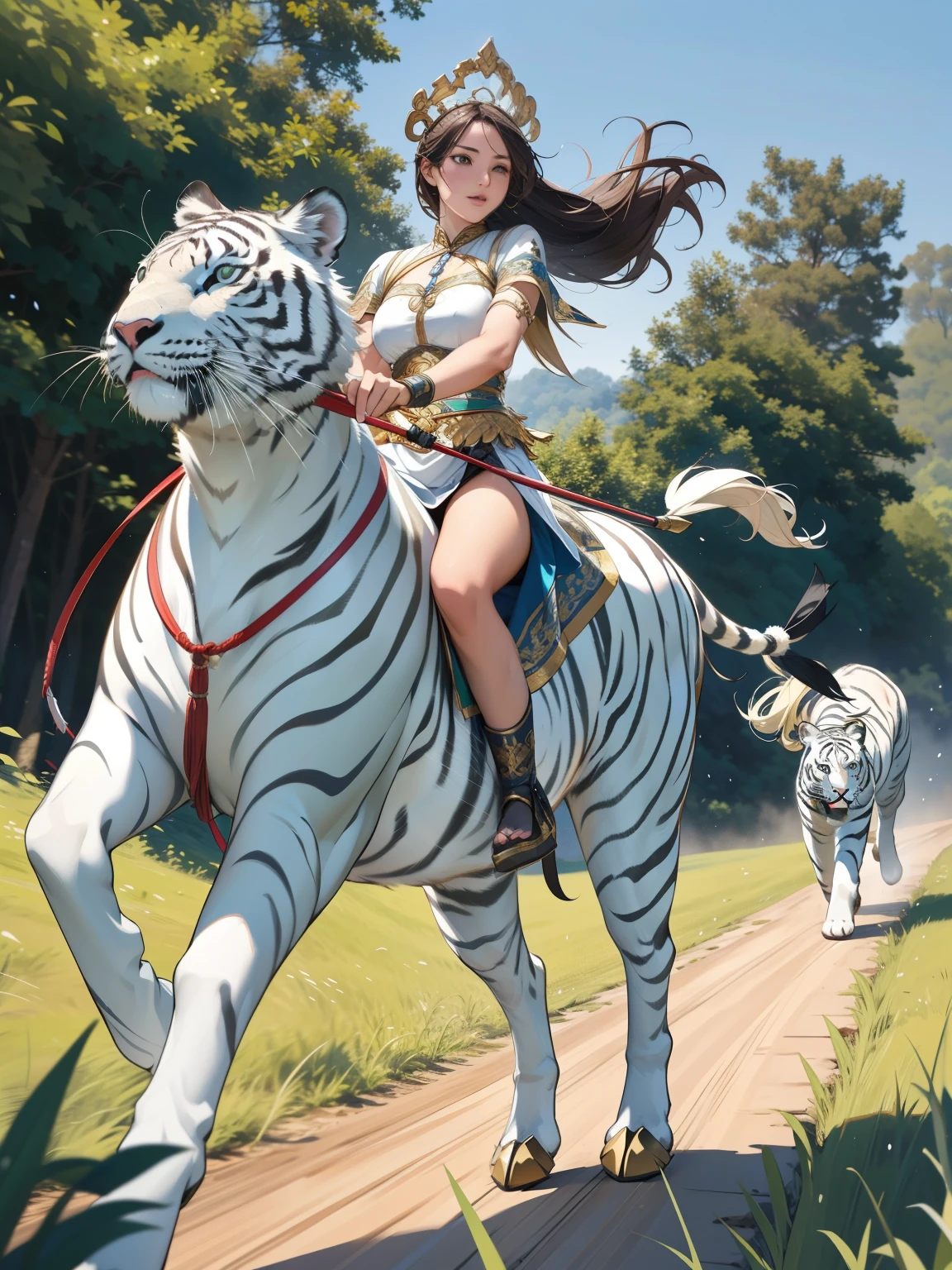 professional, High-quality photos, 4K resolution, Photography-Portrait-Real Style,Girl in flowing ancient costume,Hand on the reins,Riding on a white tiger,Running in the green forest。Running towards the camera,Girl's long hair fluttering in the wind,Firm eyes,Beautiful face。The desert wind blows her skirt,The sun shines on her,Forming a warm and bright silhouette。The background is an endless desert,Sunset,The skyline is red。Use realistic style,Emphasize light and shadow effects and texture,Capture high-definition details,Show the bravery and beauty of girls。