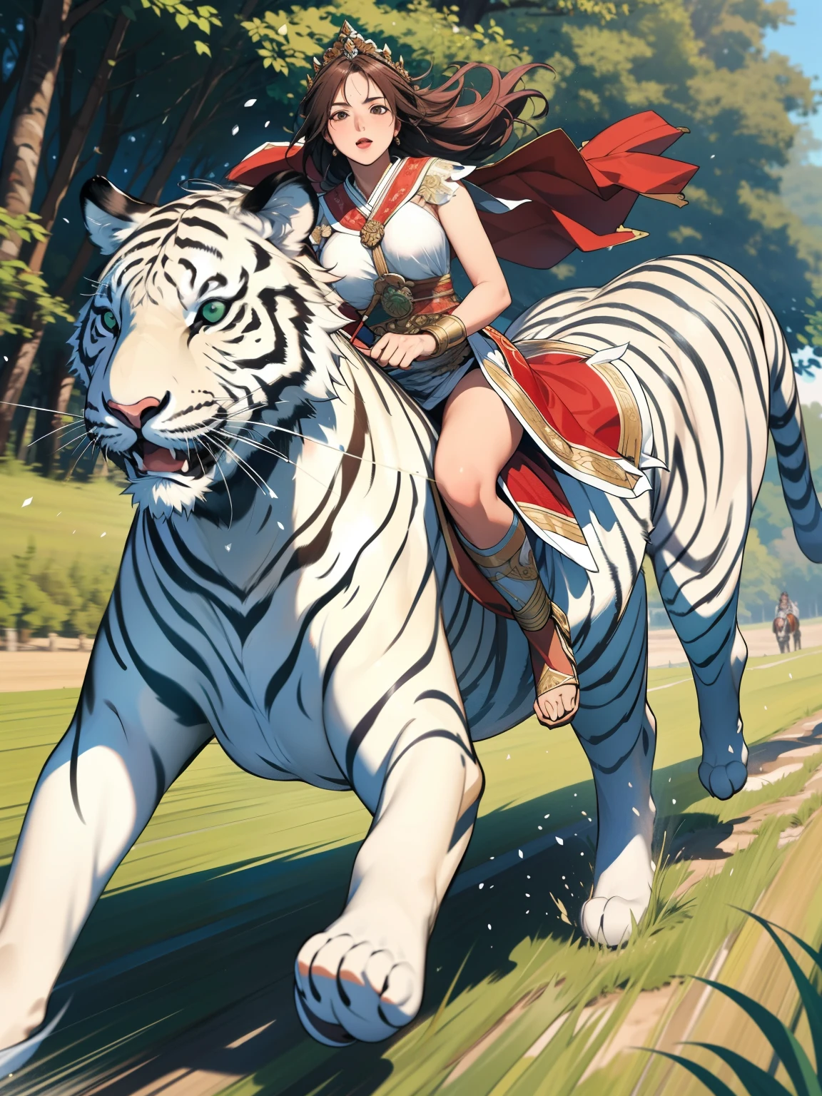 professional, High-quality photos, 4K resolution, Photography-Portrait-Real Style,Girl in flowing ancient costume,Hand on the reins,Riding on the back of a ferocious white tiger,Running in the green forest。Running towards the camera,A group of tigers followed behind,Girl's long hair fluttering in the wind,Firm eyes,Beautiful face。The desert wind blows her skirt,The sun shines on her,Forming a warm and bright silhouette。The background is an endless desert,Sunset,The skyline is red。Use realistic style,Emphasize light and shadow effects and texture,Capture high-definition details,Show the bravery and beauty of girls。