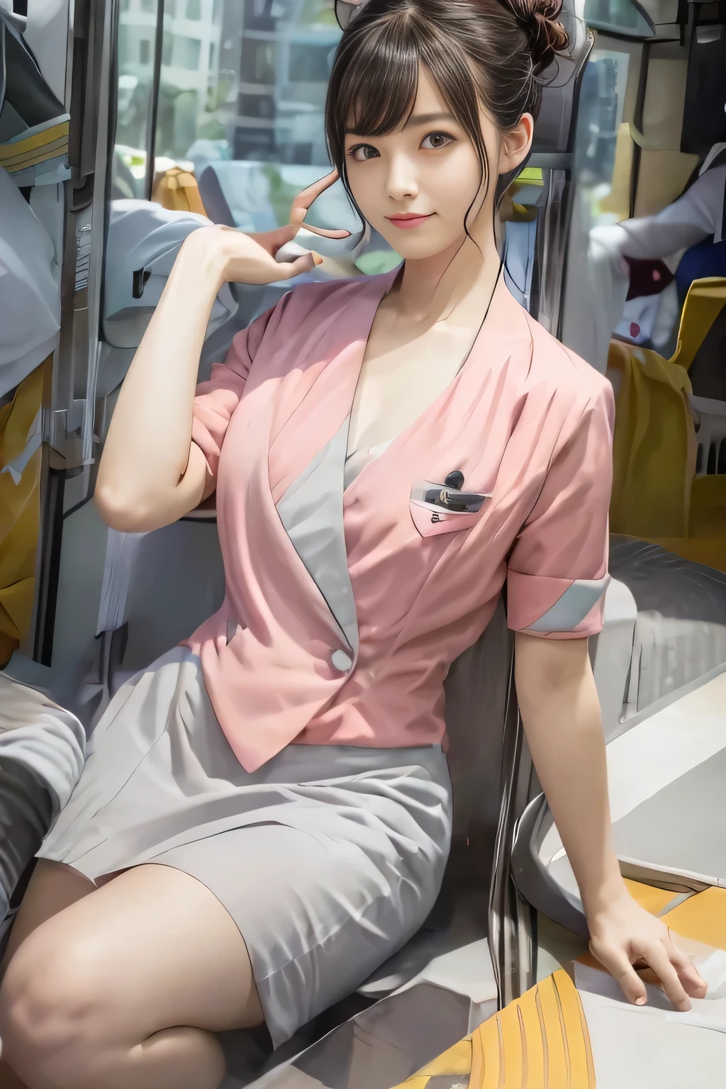 (masterpiece:1.2, highest quality:1.2), 32K HDR, High resolution, (alone、1 girl)、(On the rooftop of a building in the daytime、Professional Lighting)、Building rooftop background、(Nankai train crew uniform pinkを着たリアルスタイル)、(Nankai train crew uniform pink short sleeve collarless pink jacket、Nankai Train Crew Uniform Pink Collarless Short Sleeve Blouse、Nankai Train Crew Uniform Pink Grey Knee-length Culottes)、((The bottom of the pink short-sleeved jacket cannot be tucked into the clay-colored culottes.))、Dark brown hair、(Hair tied up、Hair Bun、Hair Bun)、Dark brown hair、Long Shot、Big Breasts、Thin legs、((Great hands:2.0)),((Harmonious body proportions:1.5)),((Normal limbs:2.0)),((Normal finger:2.0)),((Delicate eyes:2.0)),((Normal eyes:2.0)))、smile、(Nankai Train Crew Uniform Pink Grey Knee-length Culottesを見せた美しい立ち姿)、