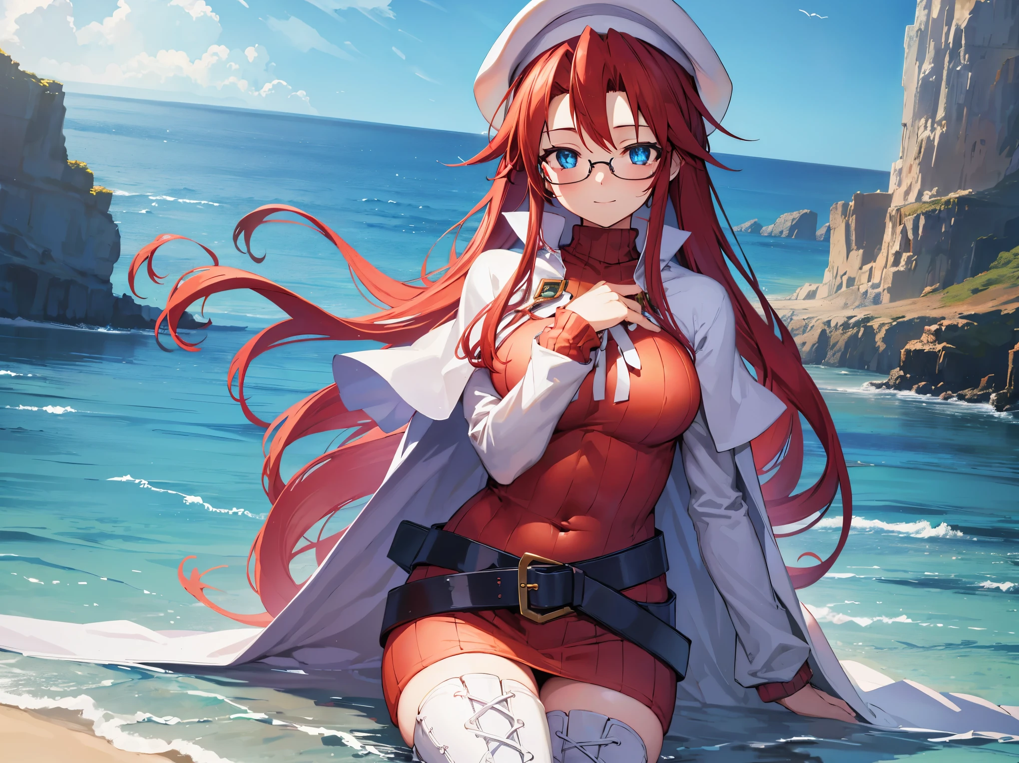 summonnightaty, aty, (young:1.3),long hair, blue eyes, red hair, big_tits, hat, glasses,
BREAK long hair, thighhighs, hat, dress, naked_legs, glasses, belt, cape, sweater, zettai ryouiki, beret, thigh boots, white footwear, ribbed sweater, loose belt,solo,
BREAK outdoors, fantasy,on_beach,
,Highquality_hads,perfect_fingers,
BREAK (masterpiece:1.2), best quality, high resolution, unity 8k wallpaper, (illustration:0.8), (beautiful detailed eyes:1.6), extremely detailed face, perfect lighting, extremely detailed CG, (perfect hands, perfect anatomy),covered_nipples,covered_navel ,half_eyes,long_sword,sleepy,standing,red_sweater,apart_knees,magical_effect,spread_legs, have_a_book,teacher,rise_knee,Smile,rise_hand,look_down_viewer,spread_arms,sea_waves,looking_into,blue_sky,sitting,plump,