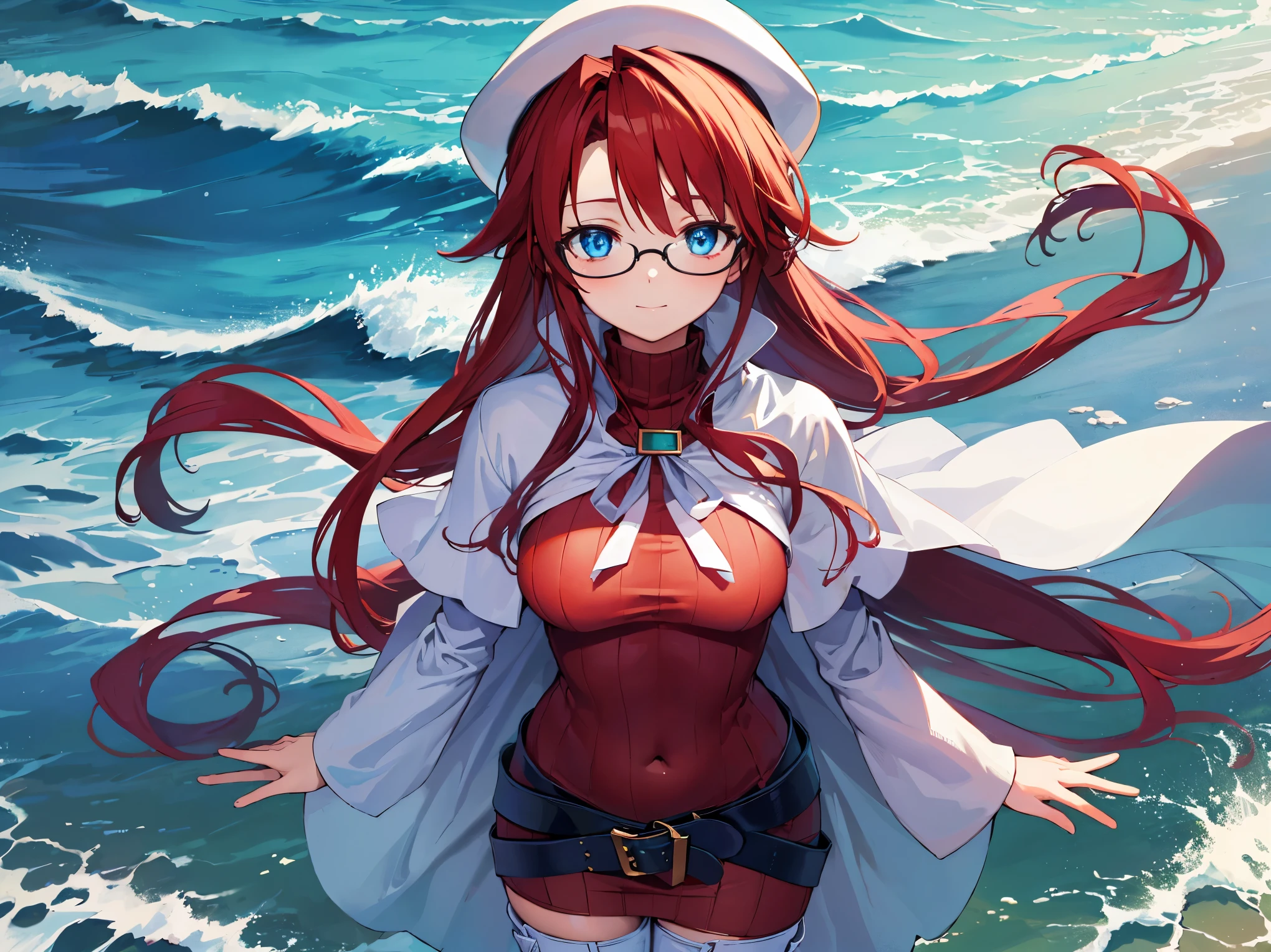 summonnightaty, aty, (young:1.3),long hair, blue eyes, red hair, big_tits, hat, glasses,
BREAK long hair, thighhighs, hat, dress, naked_legs, glasses, belt, cape, sweater, zettai ryouiki, beret, thigh boots, white footwear, ribbed sweater, loose belt,solo,
BREAK outdoors, fantasy,on_beach,
,Highquality_hads,perfect_fingers,
BREAK (masterpiece:1.2), best quality, high resolution, unity 8k wallpaper, (illustration:0.8), (beautiful detailed eyes:1.6), extremely detailed face, perfect lighting, extremely detailed CG, (perfect hands, perfect anatomy),covered_nipples,covered_navel ,half_eyes,long_sword,sleepy,standing,red_sweater,apart_knees,magical_effect,spread_legs, have_a_book,teacher,rise_knee,Smile,rise_hand,look_down_viewer,spread_arms,sea​_waves,looking_into,blue_sky,sitting,plump,